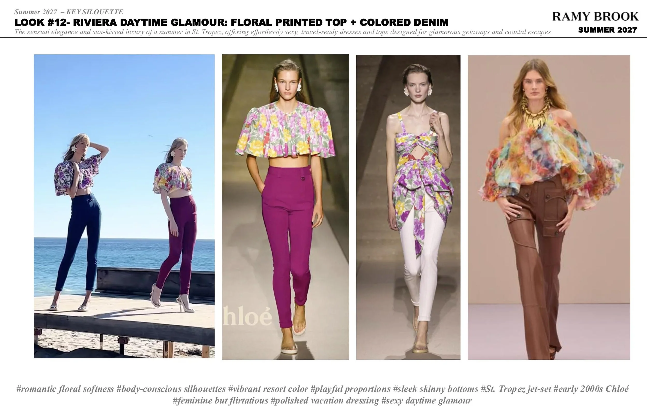 Four models walking on a beach in colorful floral printed tops and fitted pants, showcasing daytime glamour fashion with a focus on floral patterns and bright, vibrant colors.