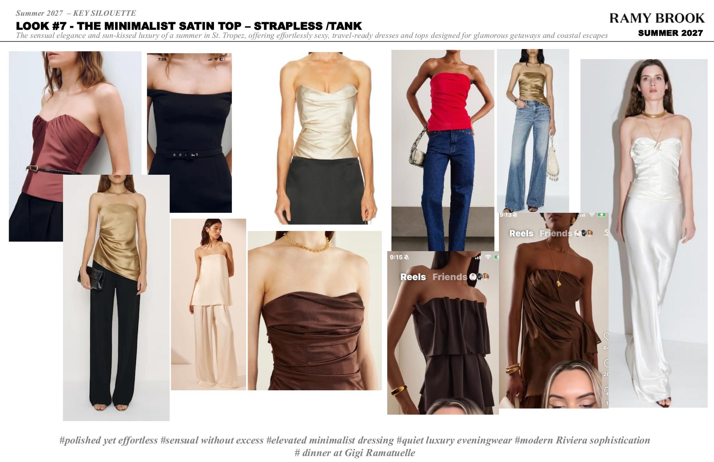 A collage of photos showcasing elegant, minimalistic satin tops and dresses, with some models wearing strapless or sleeveless styles, paired with accessories like necklaces and handbags, set against neutral backgrounds.