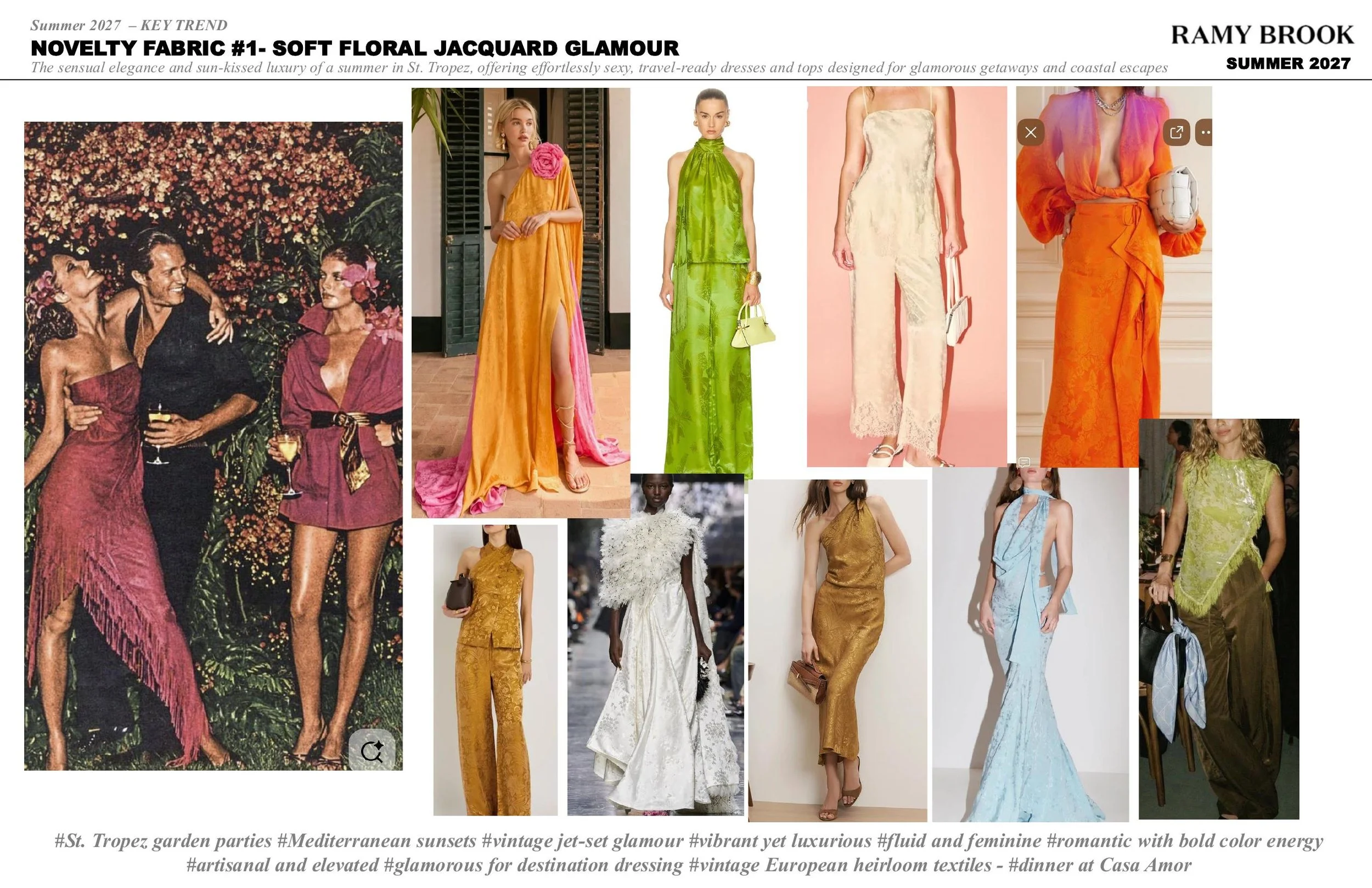 A collage of images featuring colorful summer fashion, including vintage-inspired dresses and stylish accessories, with a background of lush garden and evening parties.