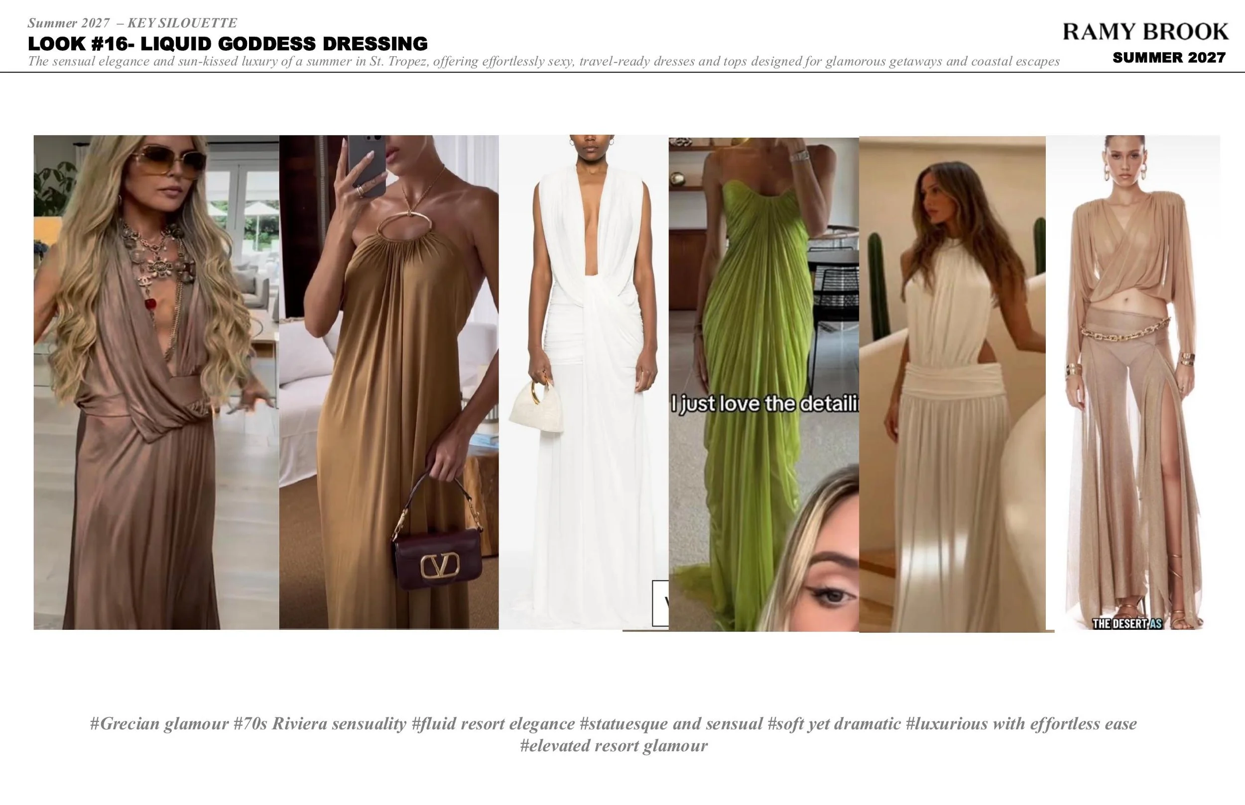 A collage of women dressed in various elegant, flowing dresses in neutral and bright colors, showcasing summer fashion styles.