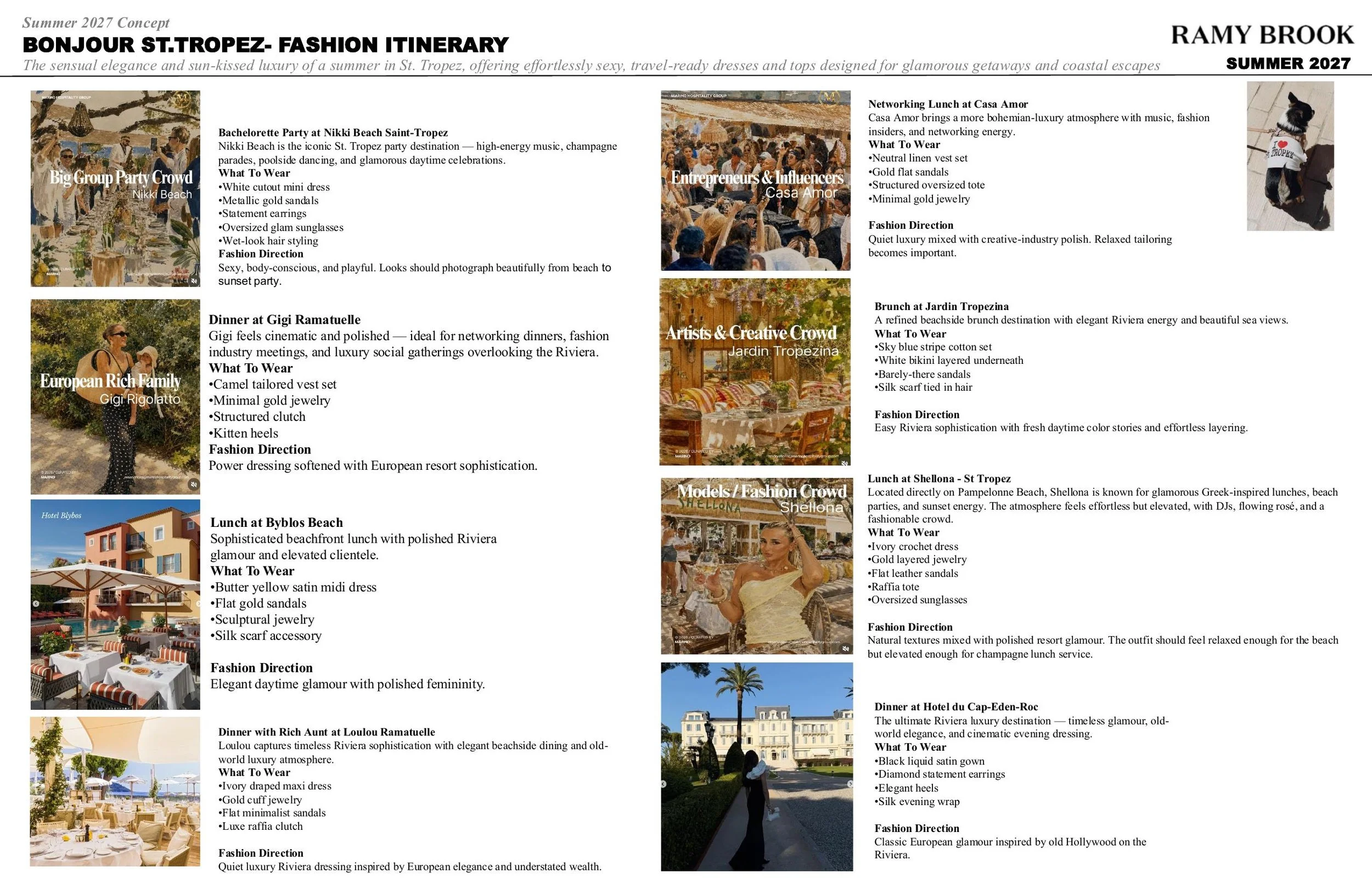 A fashion magazine page featuring various summer outfits and scenes in St. Tropez, including beach parties, dining scenes, and social gatherings, with text describing fashion styles and activities.