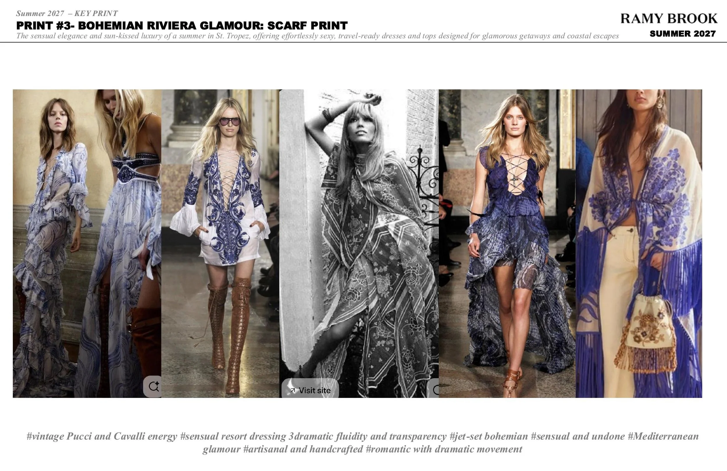 Multiple models walking down the runway wearing blue and white bohemian-style dresses with floral and paisley patterns, some with lace-up details, in a fashion show setting.