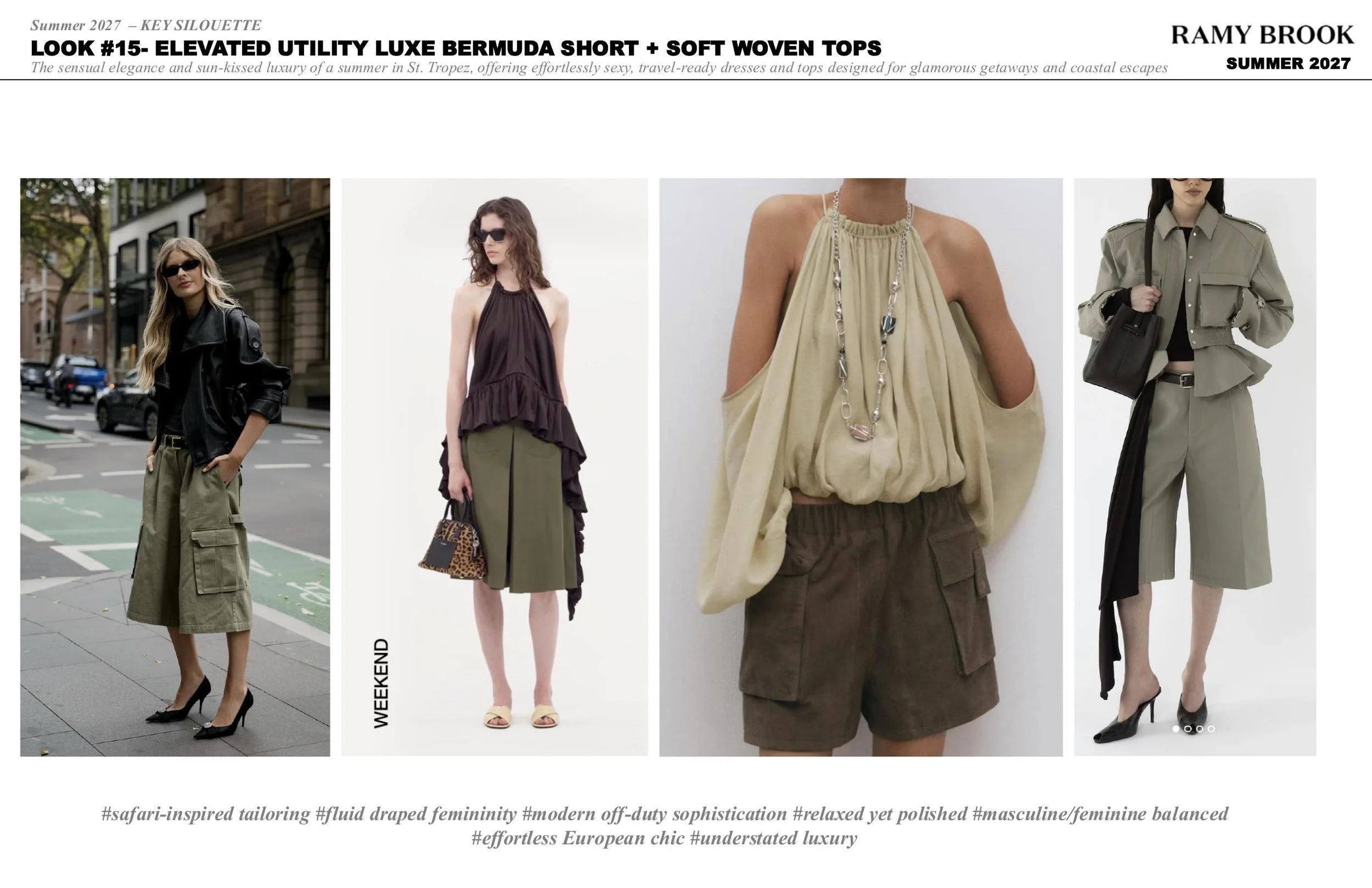 Fashion catalog page featuring models showcasing summer outfits including bermuda shorts and soft woven tops, styled in a chic, European-inspired aesthetic.