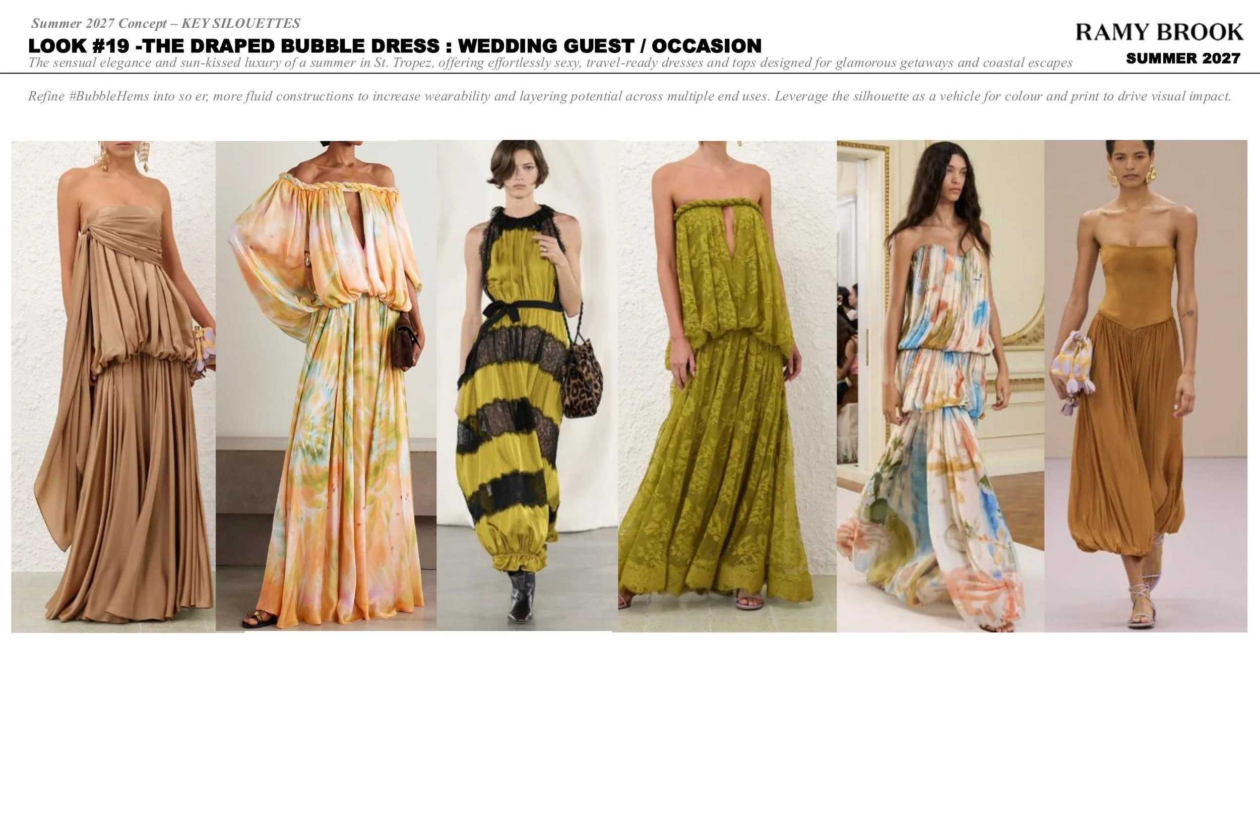 Six models walking on a runway showcasing colorful, draped bubble dress designs for a summer 2027 fashion collection.
