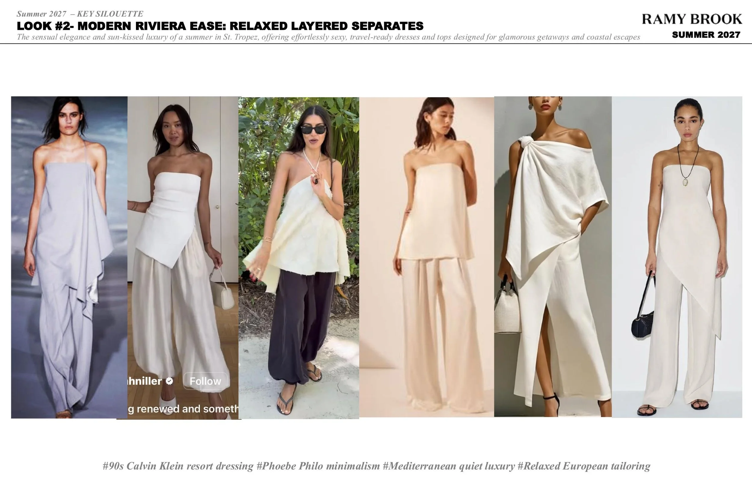 A collage of six women modeling elegant summer dresses in neutral tones, emphasizing minimalist and relaxed European seaside fashion. The dresses feature layered, flowing designs inspired by 90s Calvin Klein and Phoebe Philo, suitable for Mediterrane