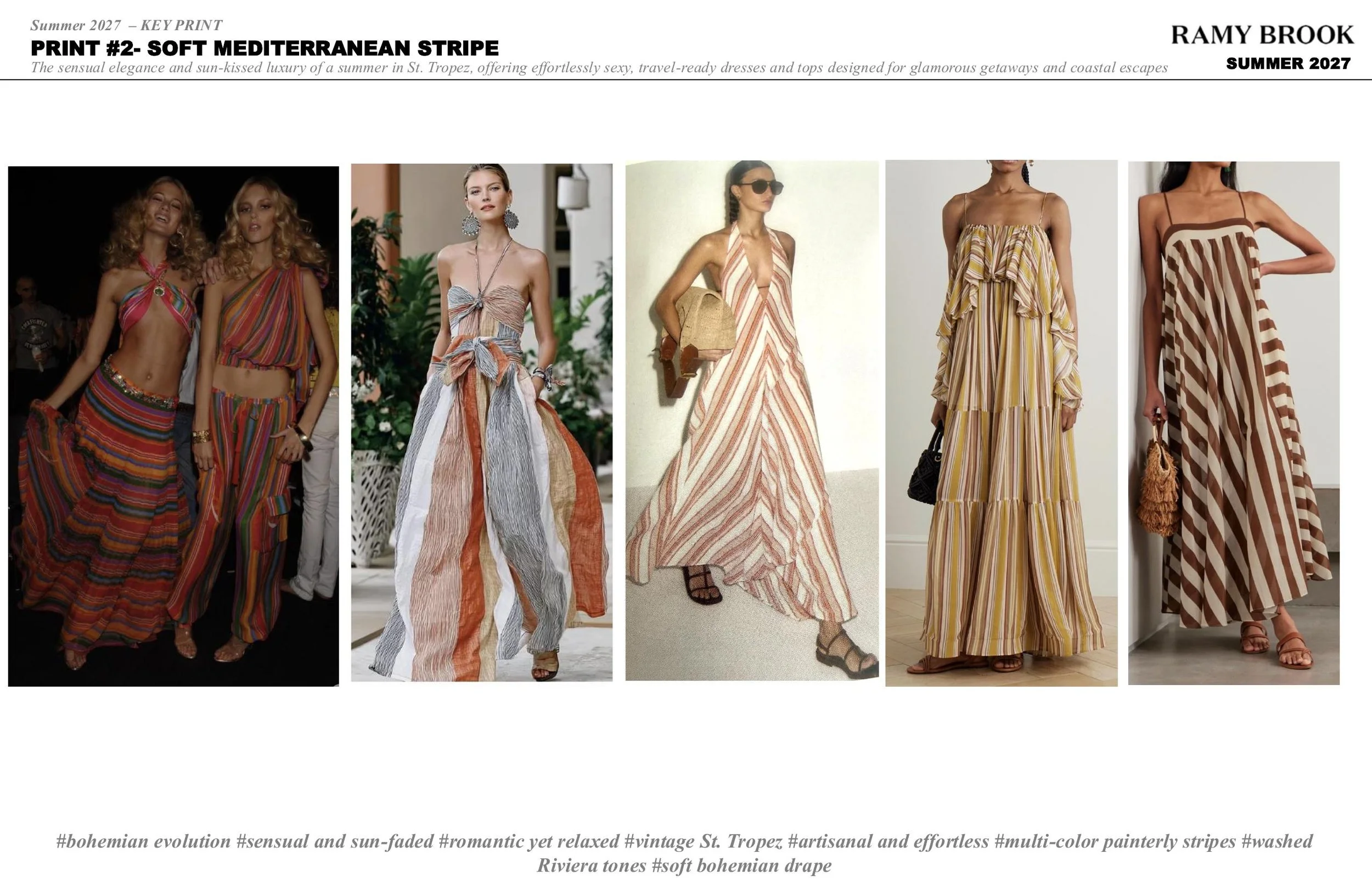 A series of images showing women wearing colorful, striped, and flowing maxi dresses and tops suitable for summer and beachwear.