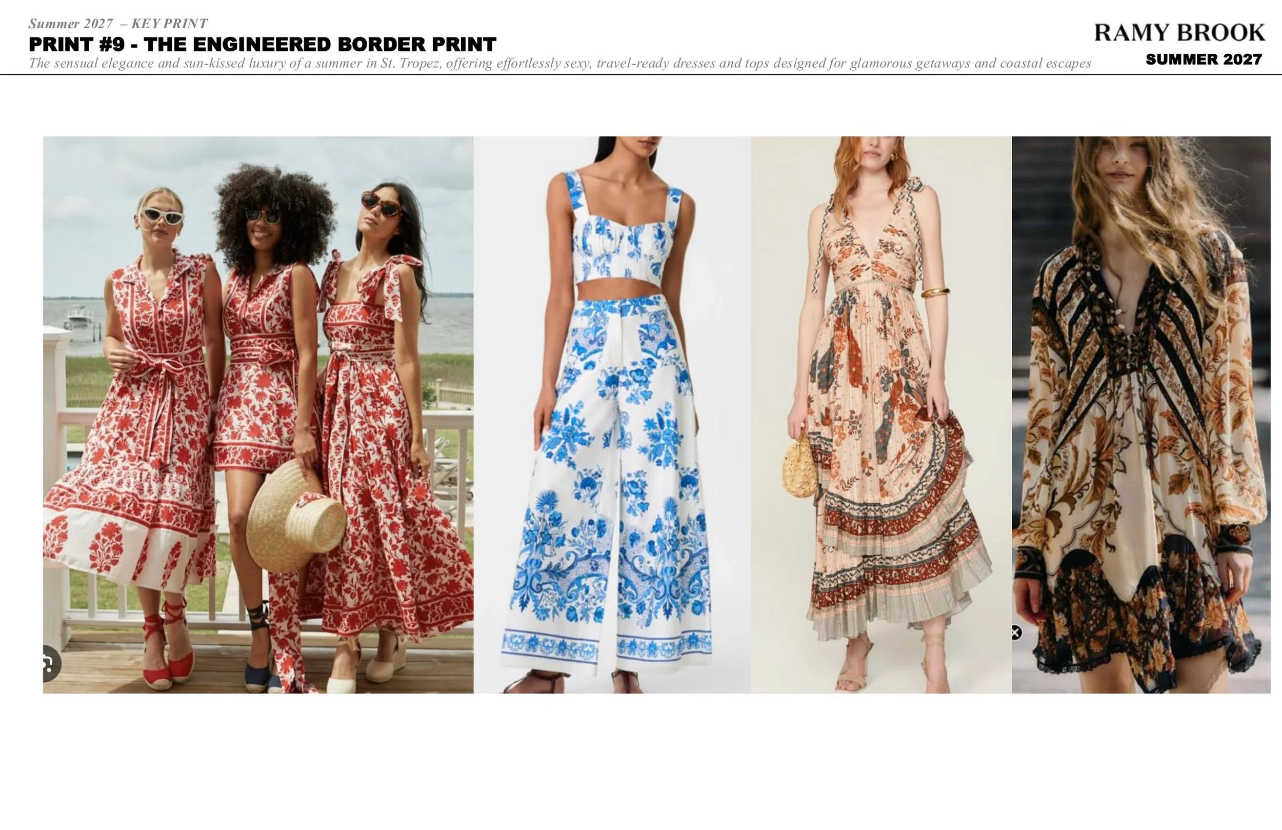 Four women wearing summer dresses with floral and patterned designs, posing outdoors by a body of water, some with sunglasses and strappy shoes.