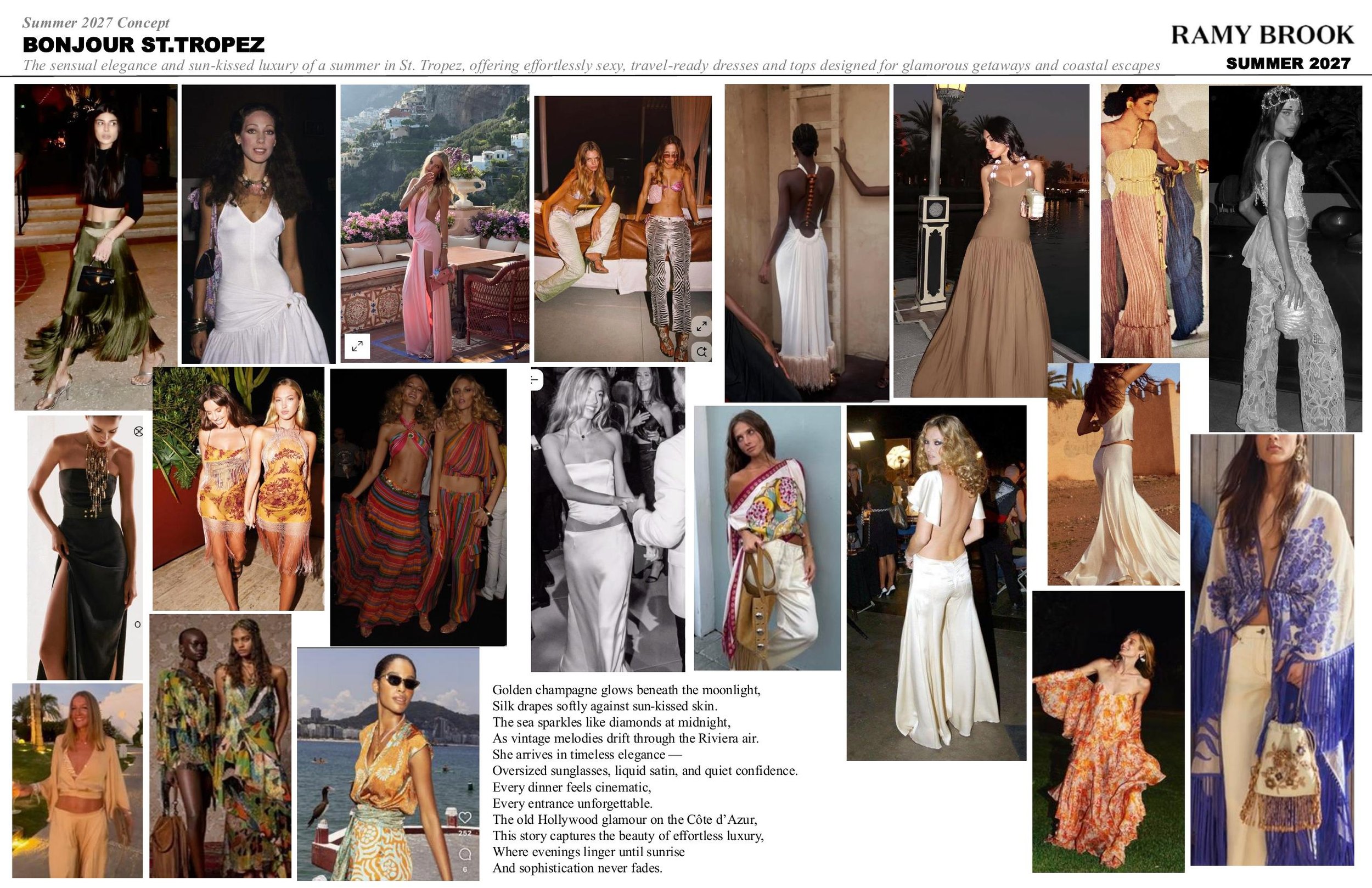 Collage of fashion models wearing summer dresses and outfits, featuring outdoor and indoor settings, including a coastline, cityscapes, and evening scenes on the Riviera, with text describing a summer collection inspired by St. Tropez.