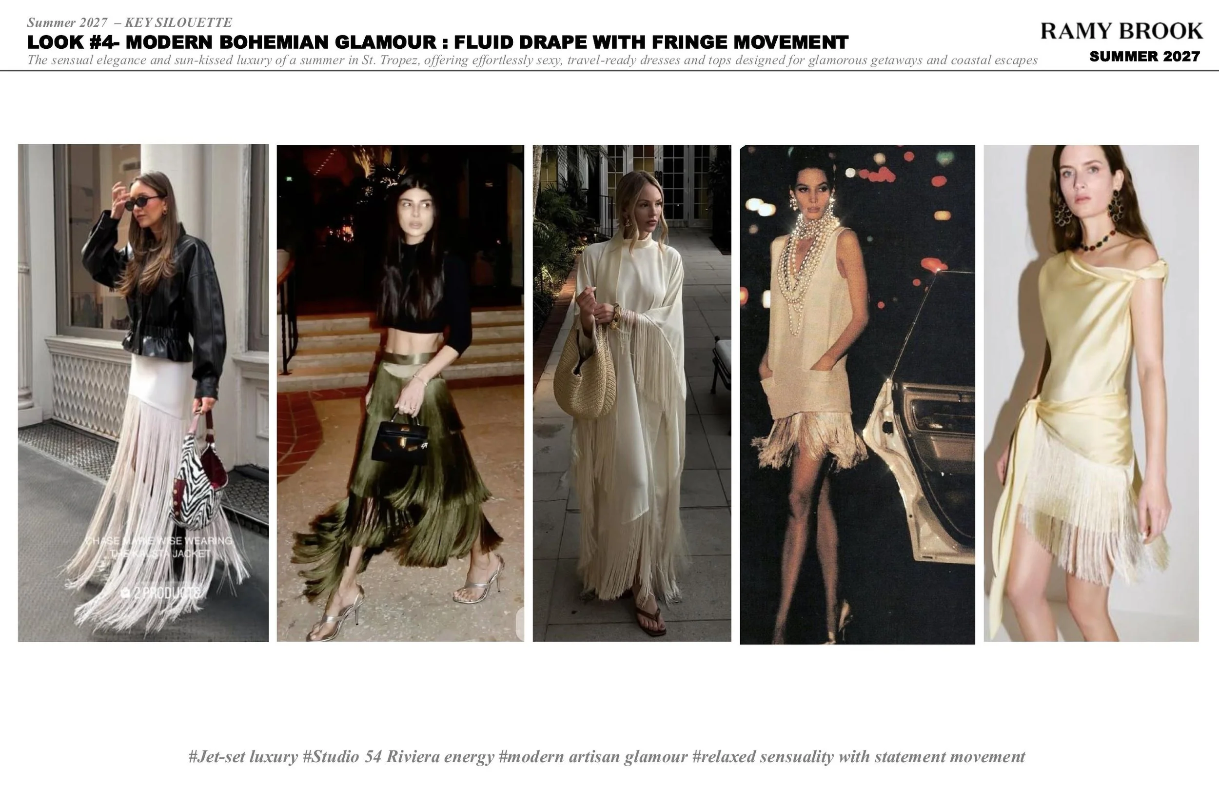 A collage of five women wearing different fashion styles, showcasing modern glamorous dresses and tops with fringe movement, set in various nighttime and indoor settings.