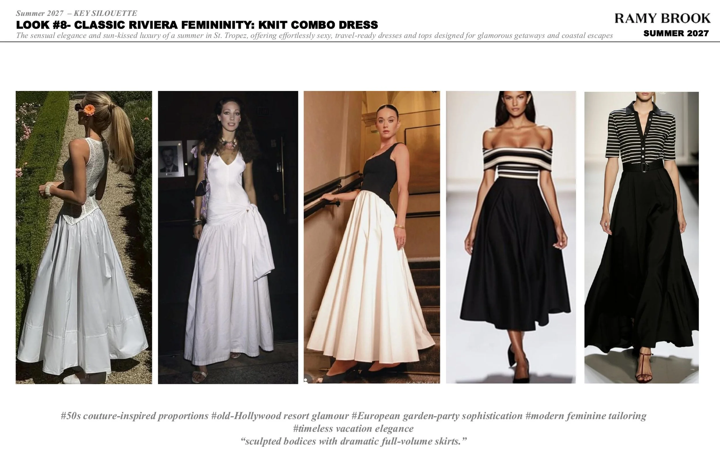Five women modeling different black and white dress styles on a fashion runway or photoshoot set.