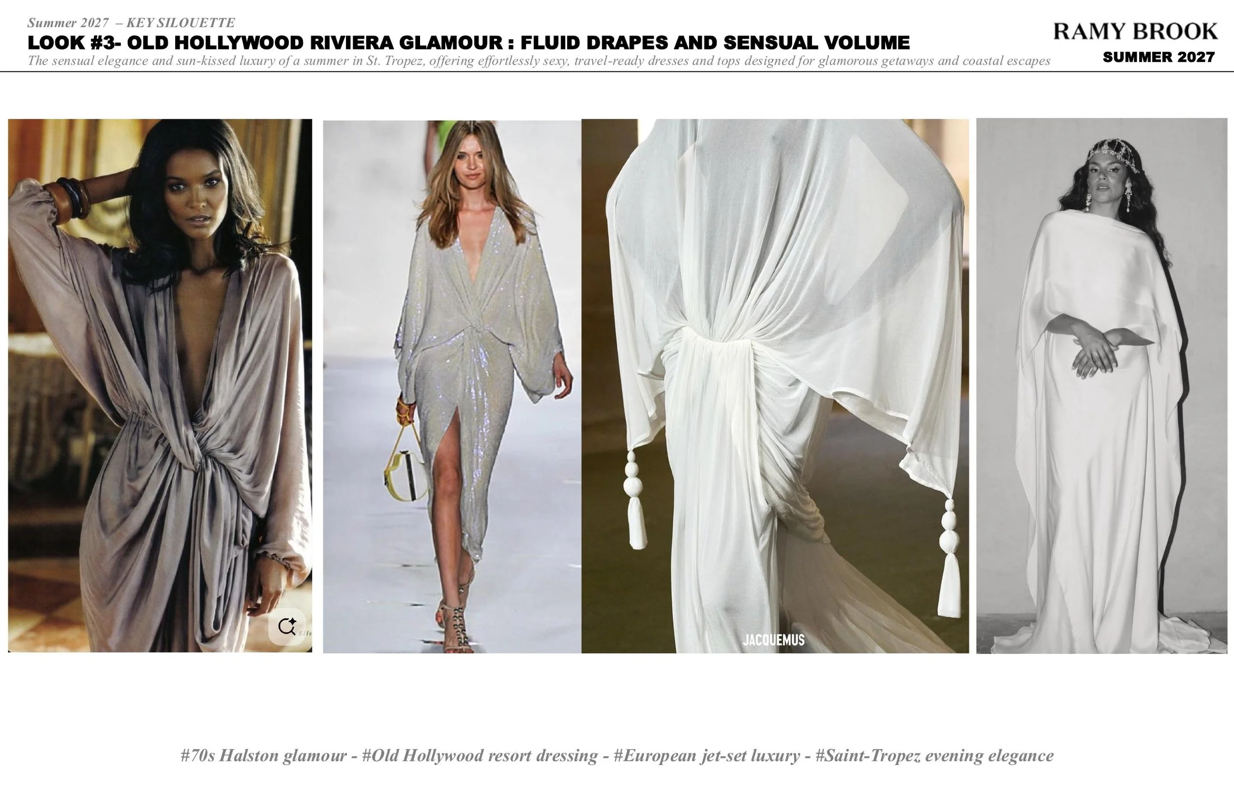 A collage of fashion photos featuring women in glamorous dresses and garments in luxury settings, with a focus on silky, flowing, and stylish designs.