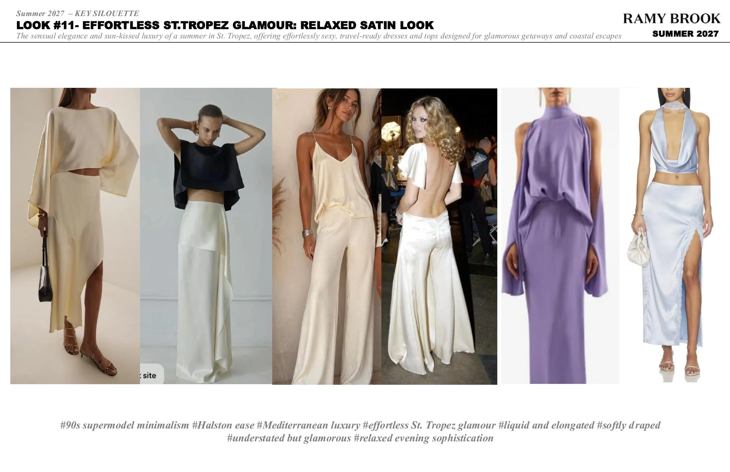 A collage of six women modeling various satin dresses and tops, showcasing a relaxed, glamorous, and minimalistic evening fashion style for summer 2027 in St. Tropez.