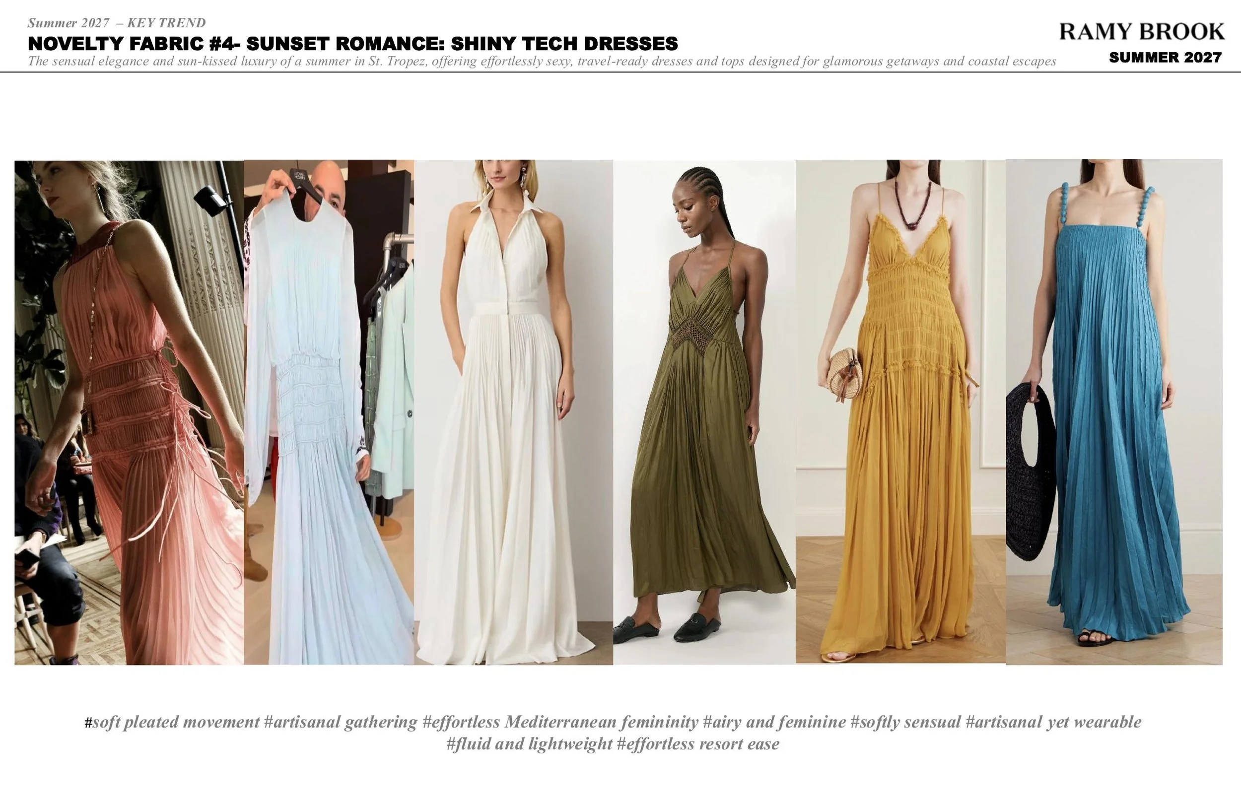 A collage of six women wearing colorful, pleated dresses in shades of pink, white, olive green, yellow, and blue, modeling for a summer fashion feature on a magazine page.