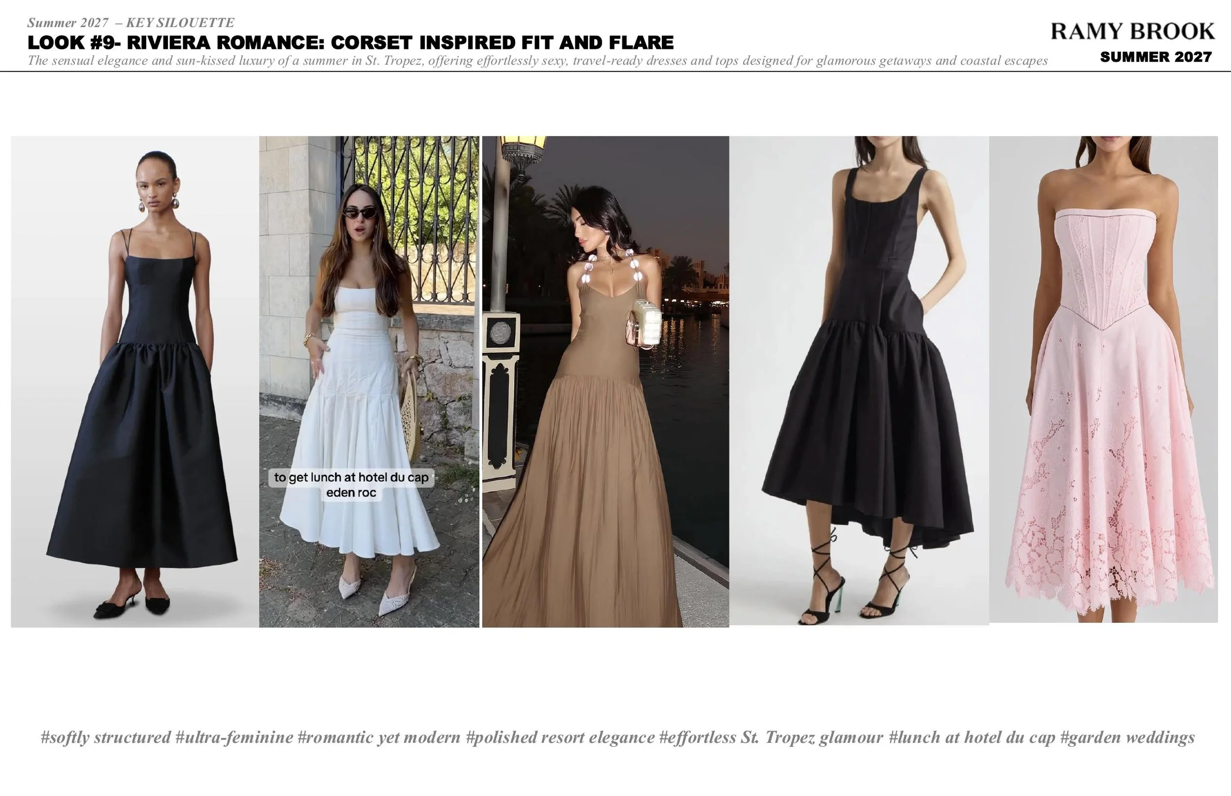 A collage of five women modeling different strapless and spaghetti strap dresses in various styles and colors, standing in different settings.