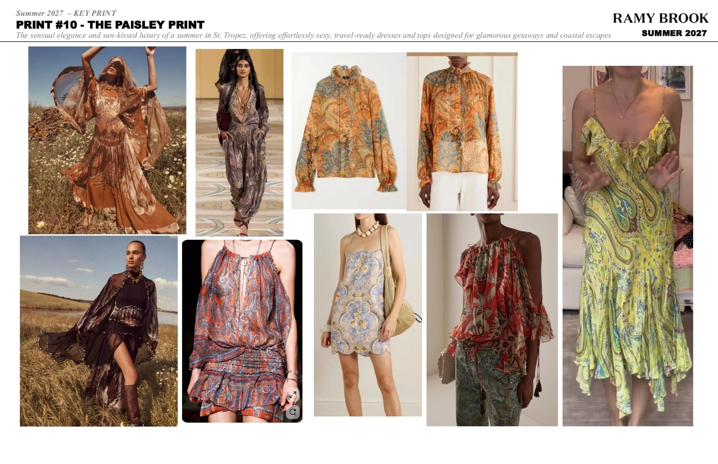 Collage of women wearing colorful, patterned, and flowy summer dresses and tops with various backgrounds including outdoors, a runway, and indoor settings.