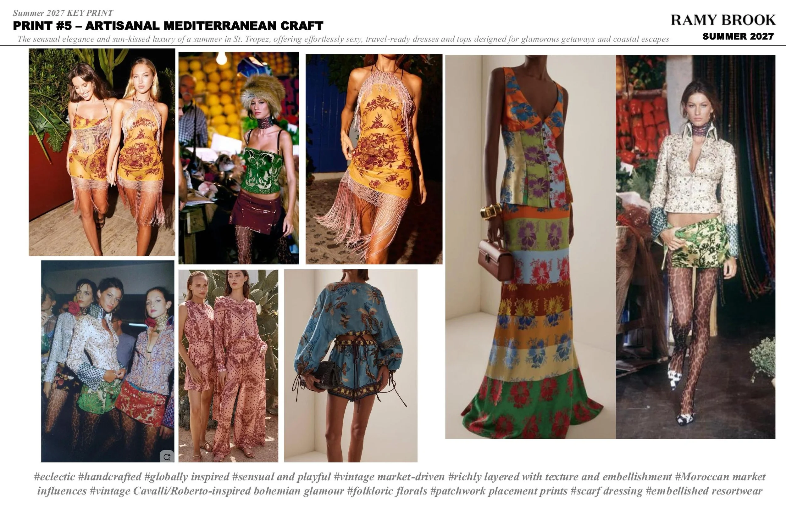 A collage of fashion photographs featuring colorful, bohemian-inspired summer dresses and tops with floral and patchwork patterns, accessorized with jewelry and handbags, inspired by vintage and Moroccan influences.