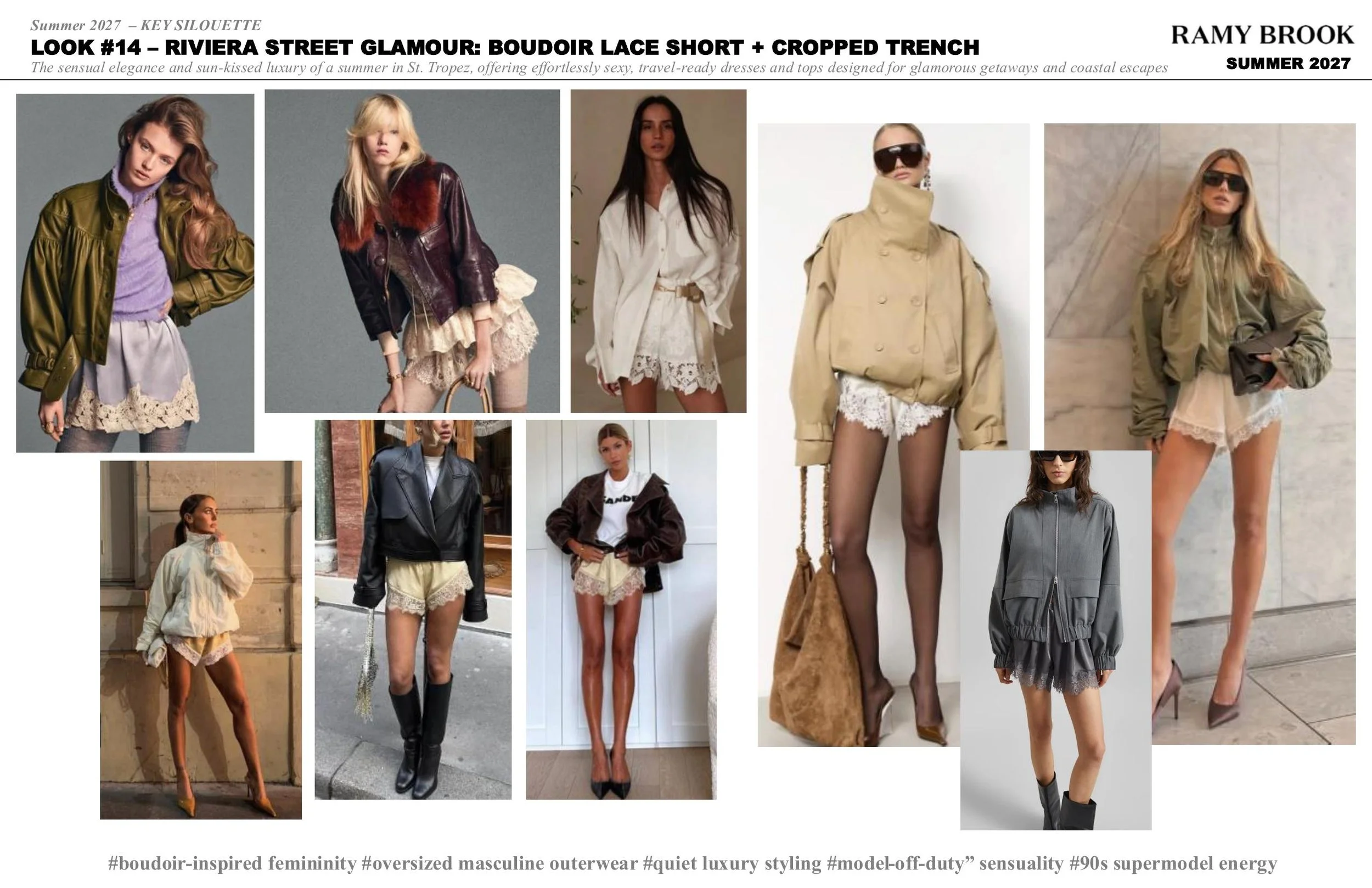 Collage of fashion models wearing various oversized outerwear and lace shorts for a summer fashion shoot, with some models in casual and some in more glamorous poses.