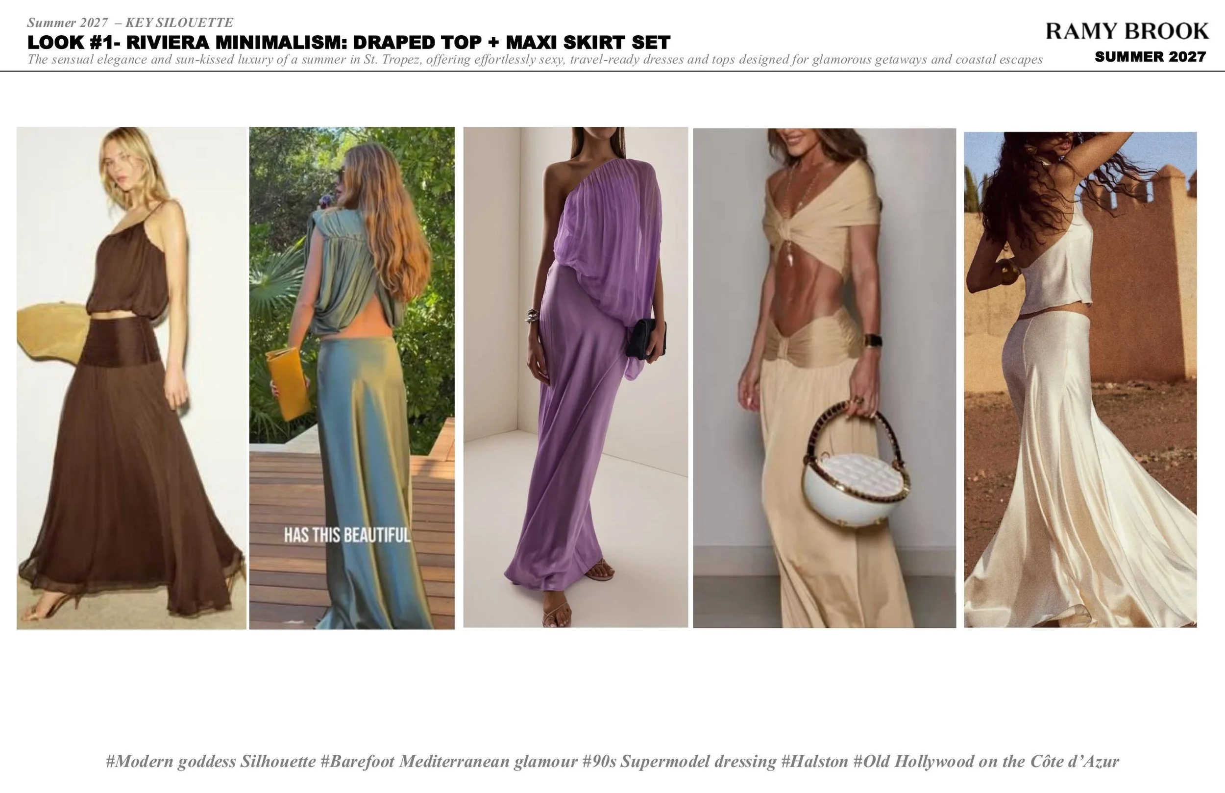 Five models in various stylish dresses and outfits, standing against different backgrounds. The outfits include a brown draped top and maxi skirt, a colorful striped pantsuit, a purple draped gown, a beige tied-top skirt, and a halter top with flowin