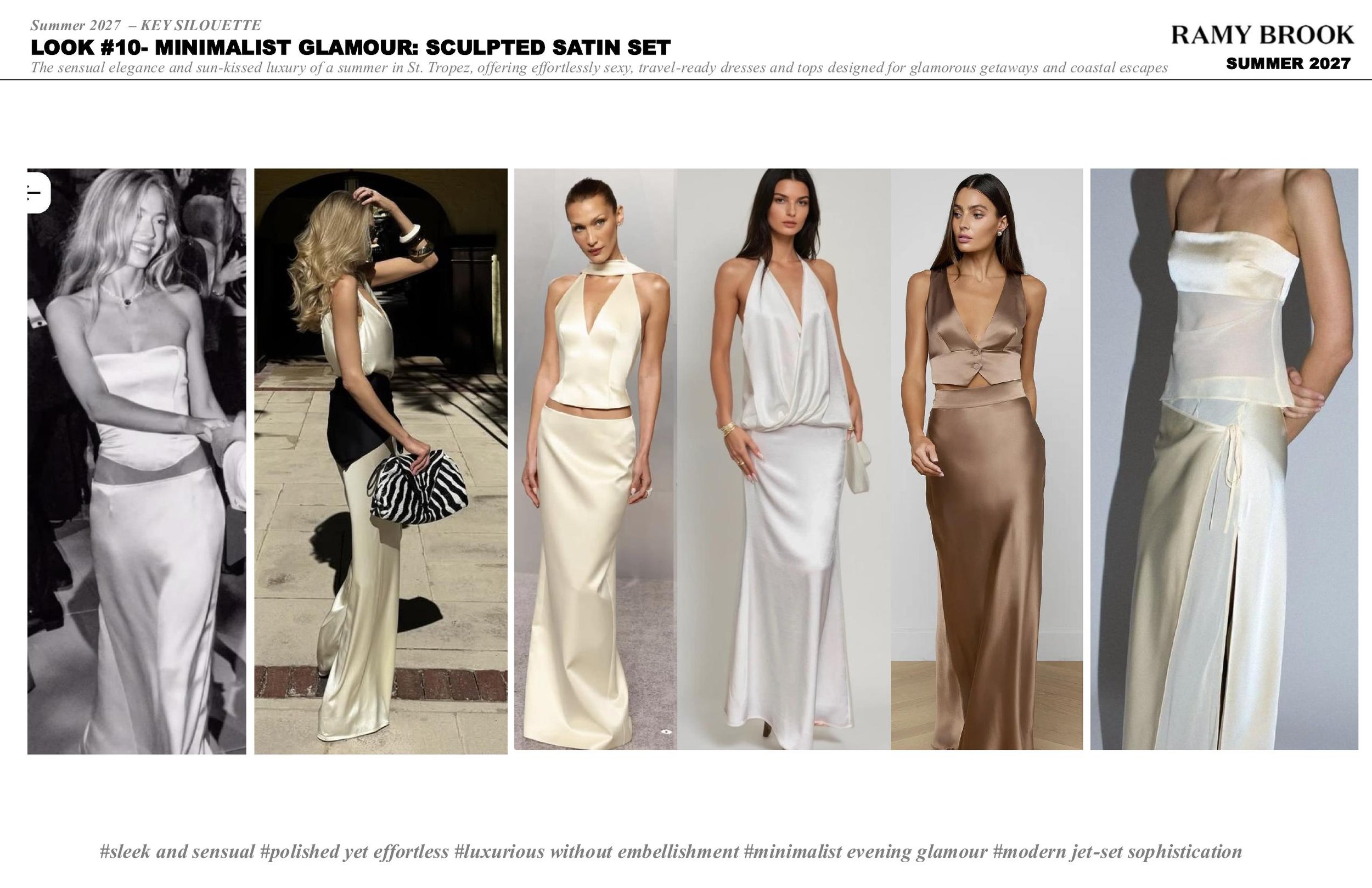 A collage of six images showcasing women in minimalist, elegant satin evening dresses in neutral shades, styled for summer fashion.