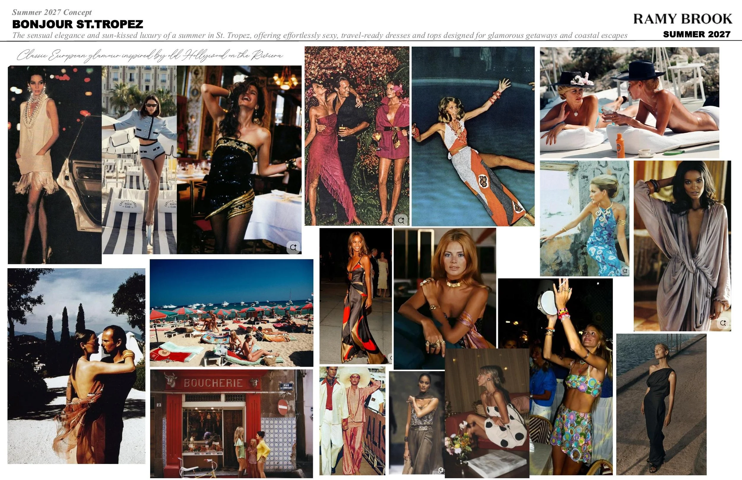 A collage of fashion and lifestyle images featuring women in stylish outfits, beach scenes, and social gatherings, highlighting summer fashion and leisure in St. Tropez.