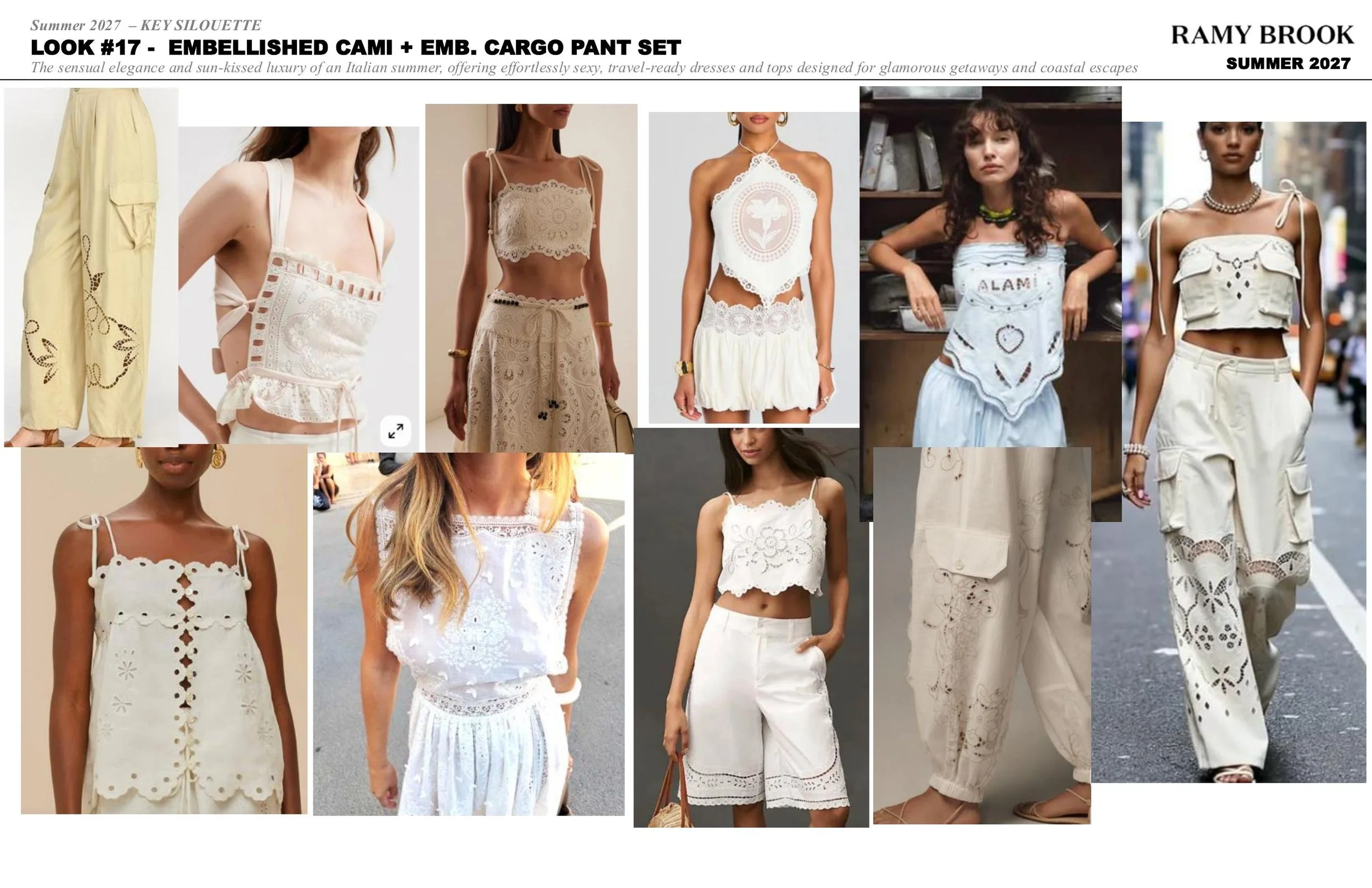 Collage of women wearing white and beige summer clothing with eyelet and embroidery details, featuring skirts, pants, and tops in a fashion spread.