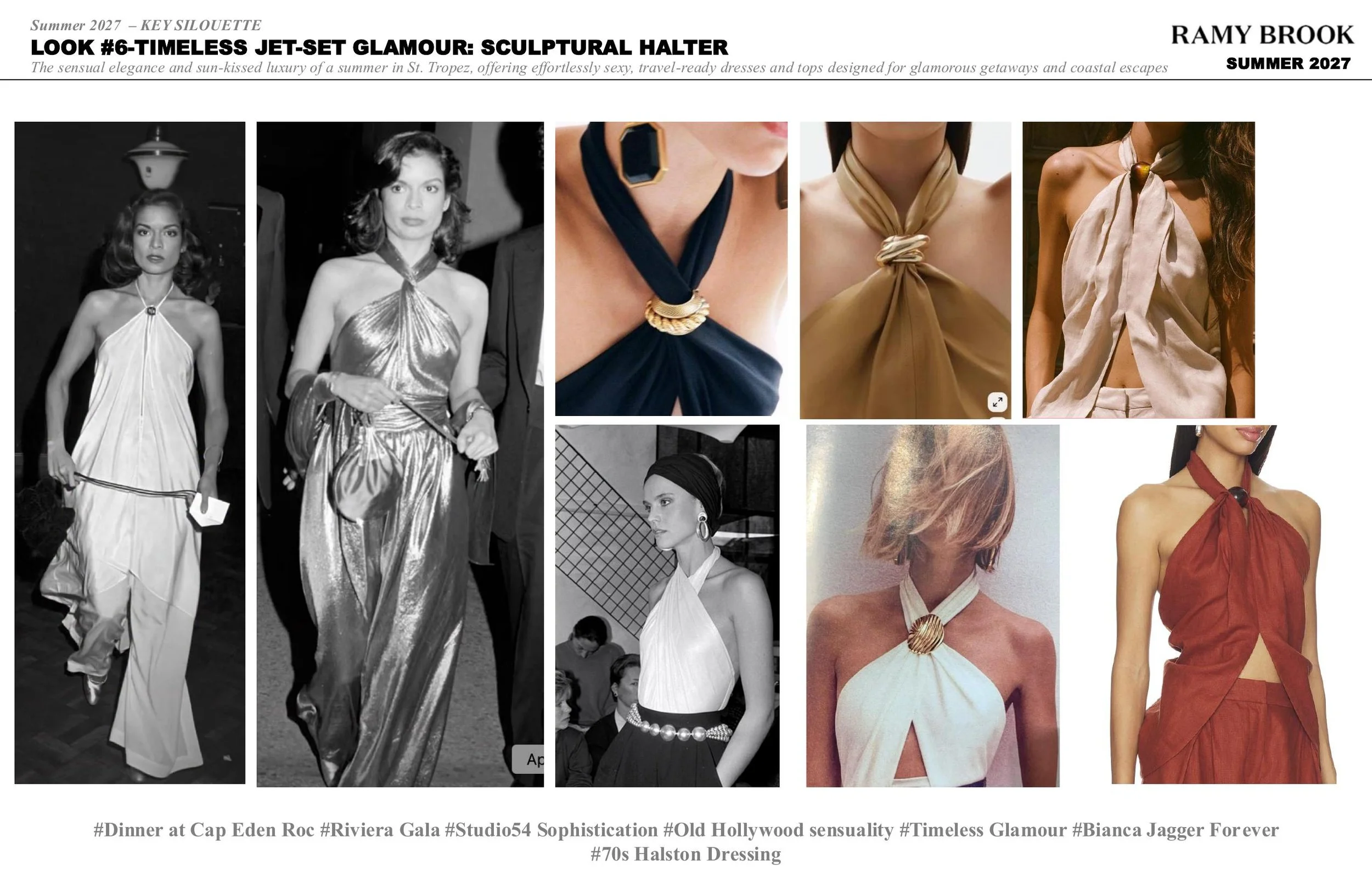 Collage of fashion photos featuring women modeling dresses and accessories. The images include daytime and black-and-white photos showcasing elegant, glamorous outfits with halter and halter-style tops, jewelry, and vintage-inspired styles.