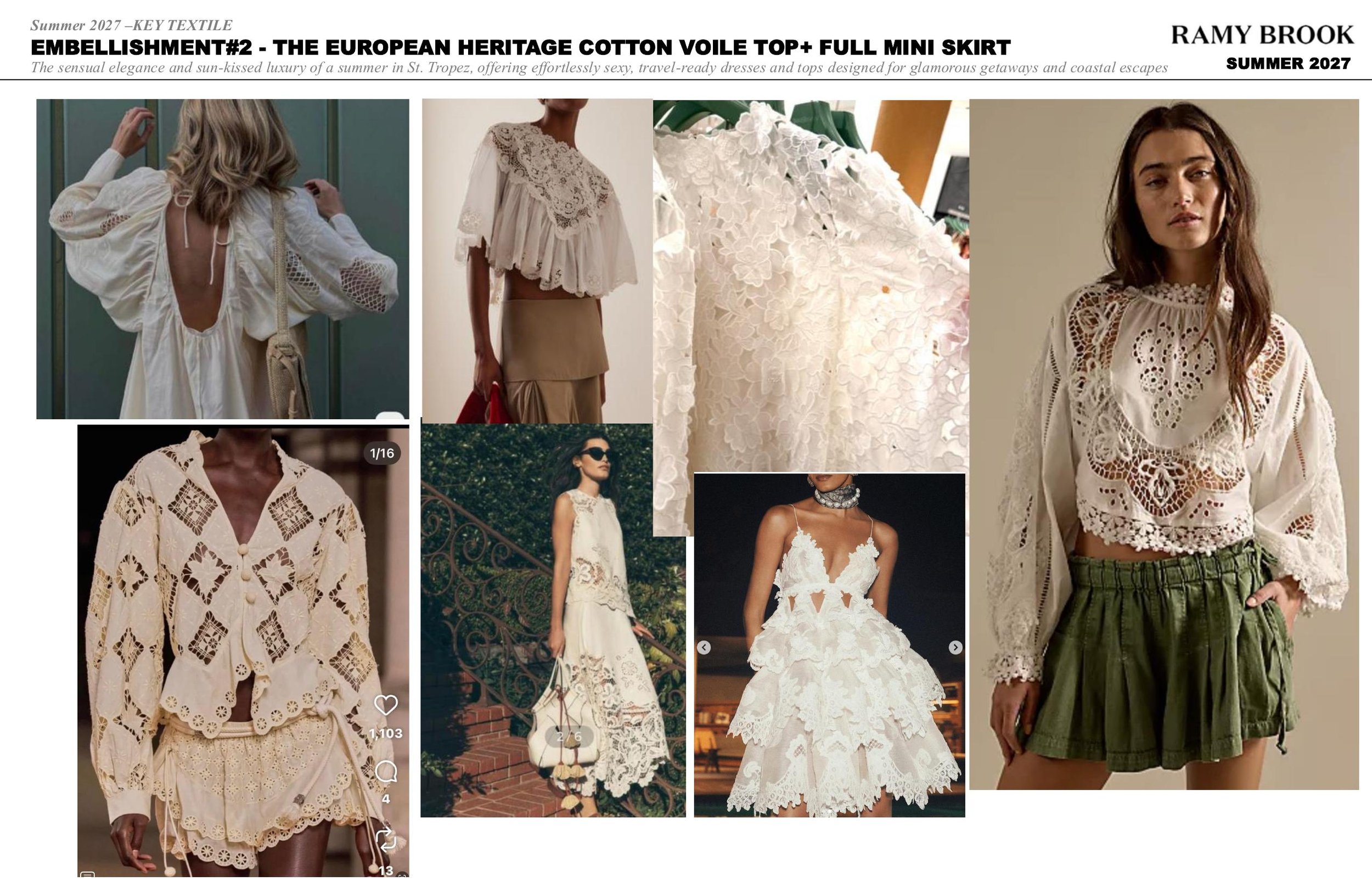 Collage of women models wearing white lace and embroidered tops and skirts in a fashion catalog.