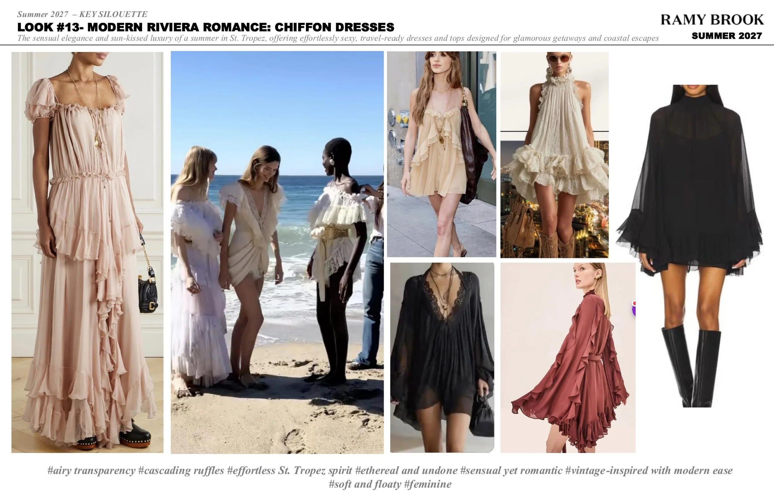 This image shows a collage of women wearing chiffon dresses in various styles, set against different backgrounds such as indoors, outdoors on a beach, and cityscapes. The dresses are in soft, neutral tones and feature cascading ruffles and flowing de