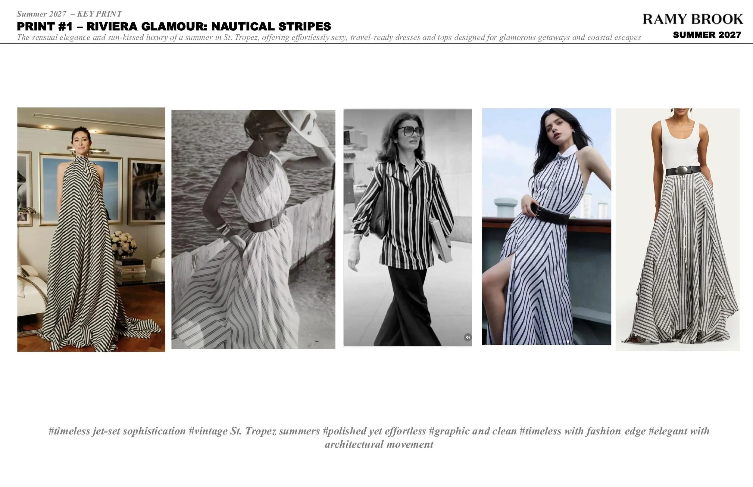 A collage of five women wearing black and white striped dresses in various settings, including indoors and outdoors, with a mix of color and black-and-white photographs.