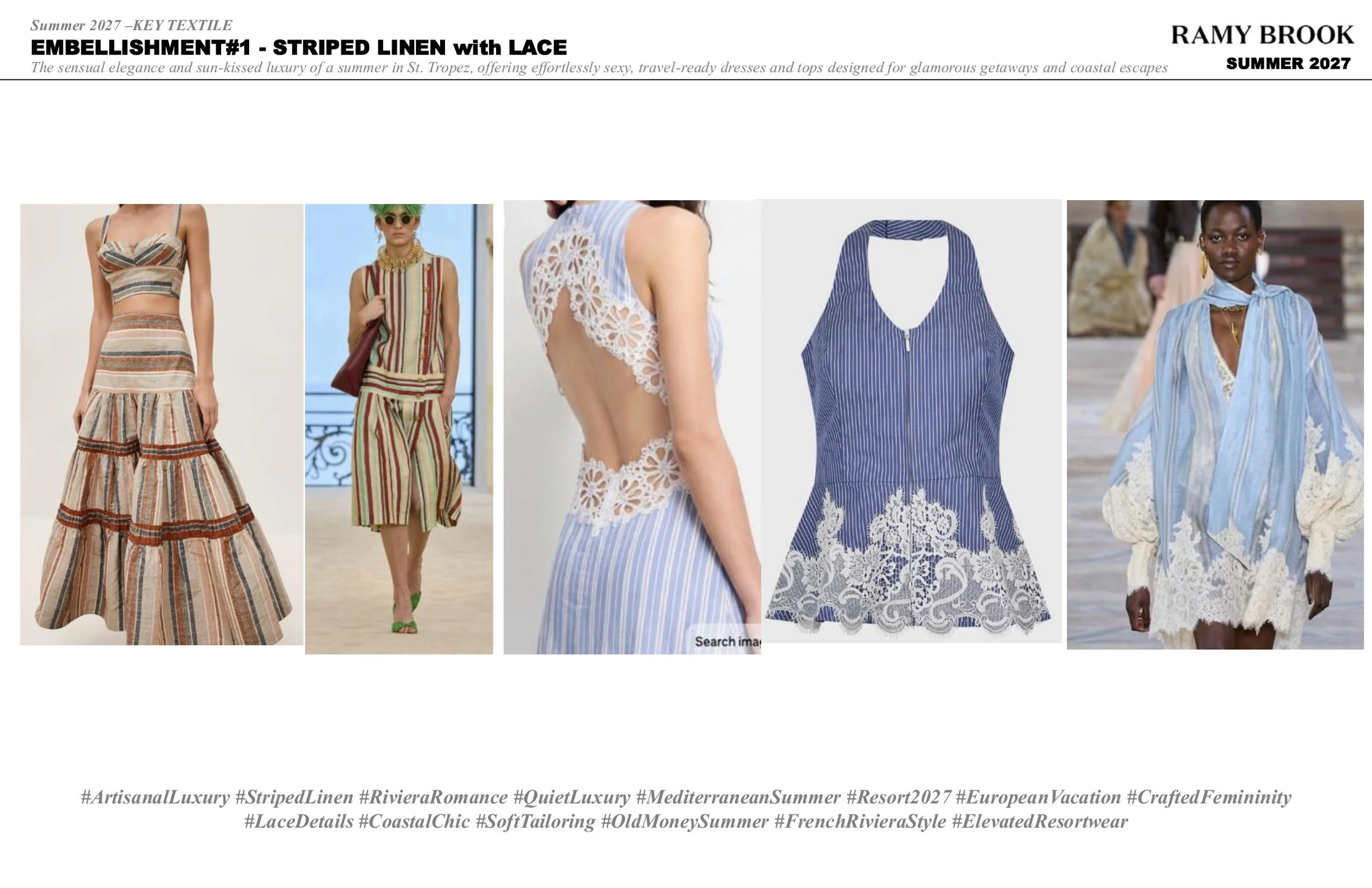 A collage of five fashion models displaying summer linen outfits with stripes, lace, and embroidery, showcasing coastal and resort-inspired styles.