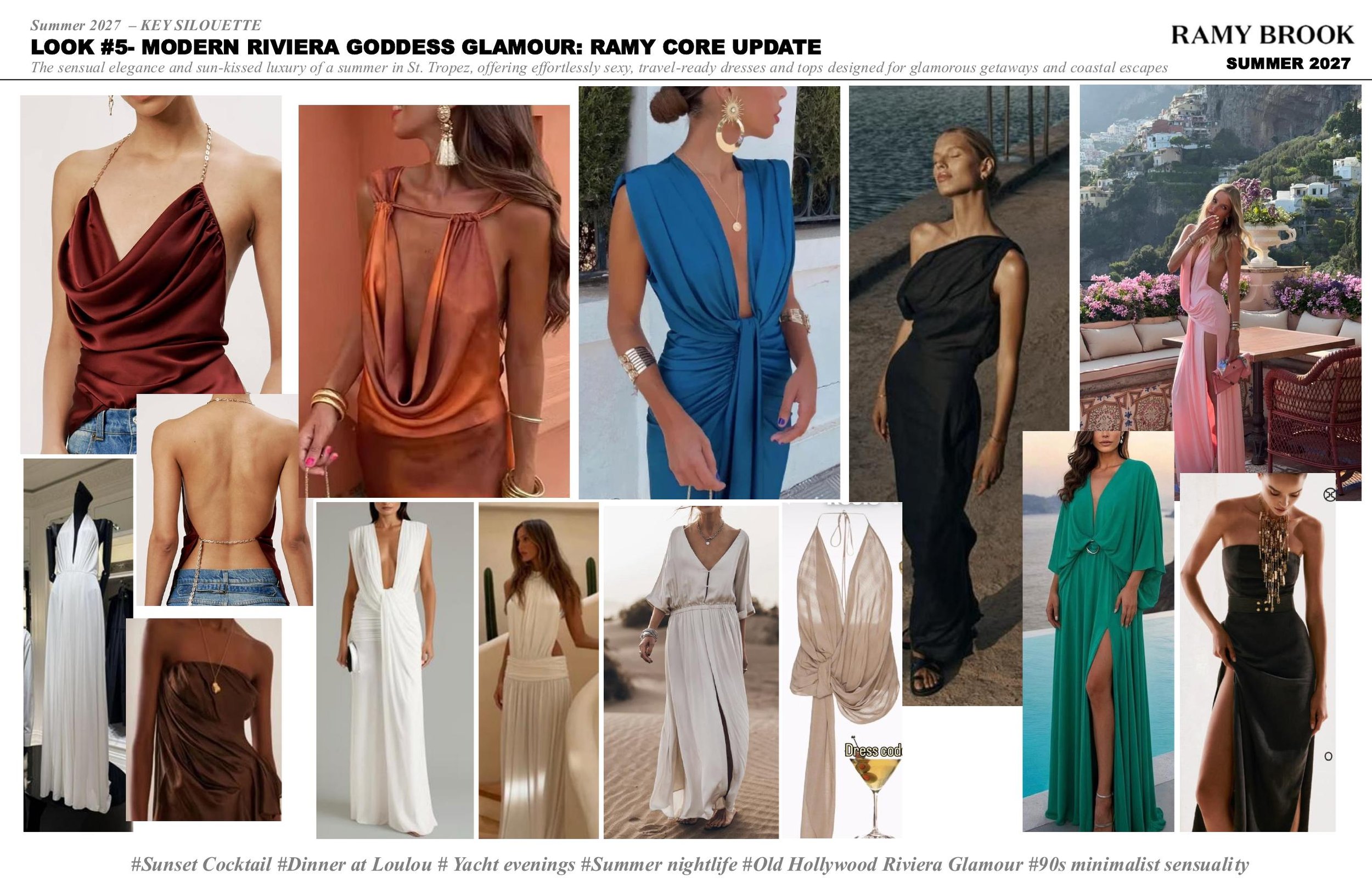 A collage of women modeling various elegant summer dresses and tops, showcasing glamorous, vacation-ready styles in different settings like seaside and outdoor locations.