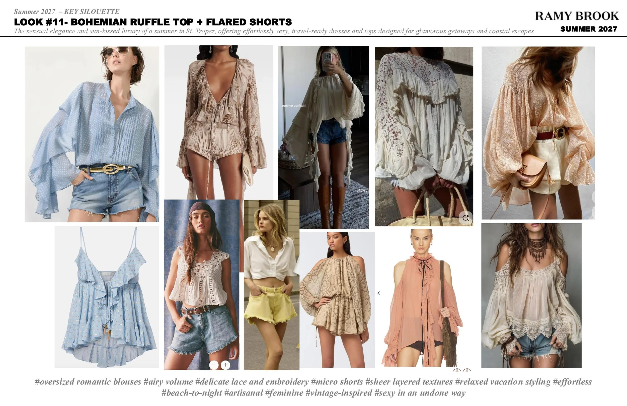 A collage of women wearing summer fashion outfits, including blouses, shorts, dresses, and accessories.