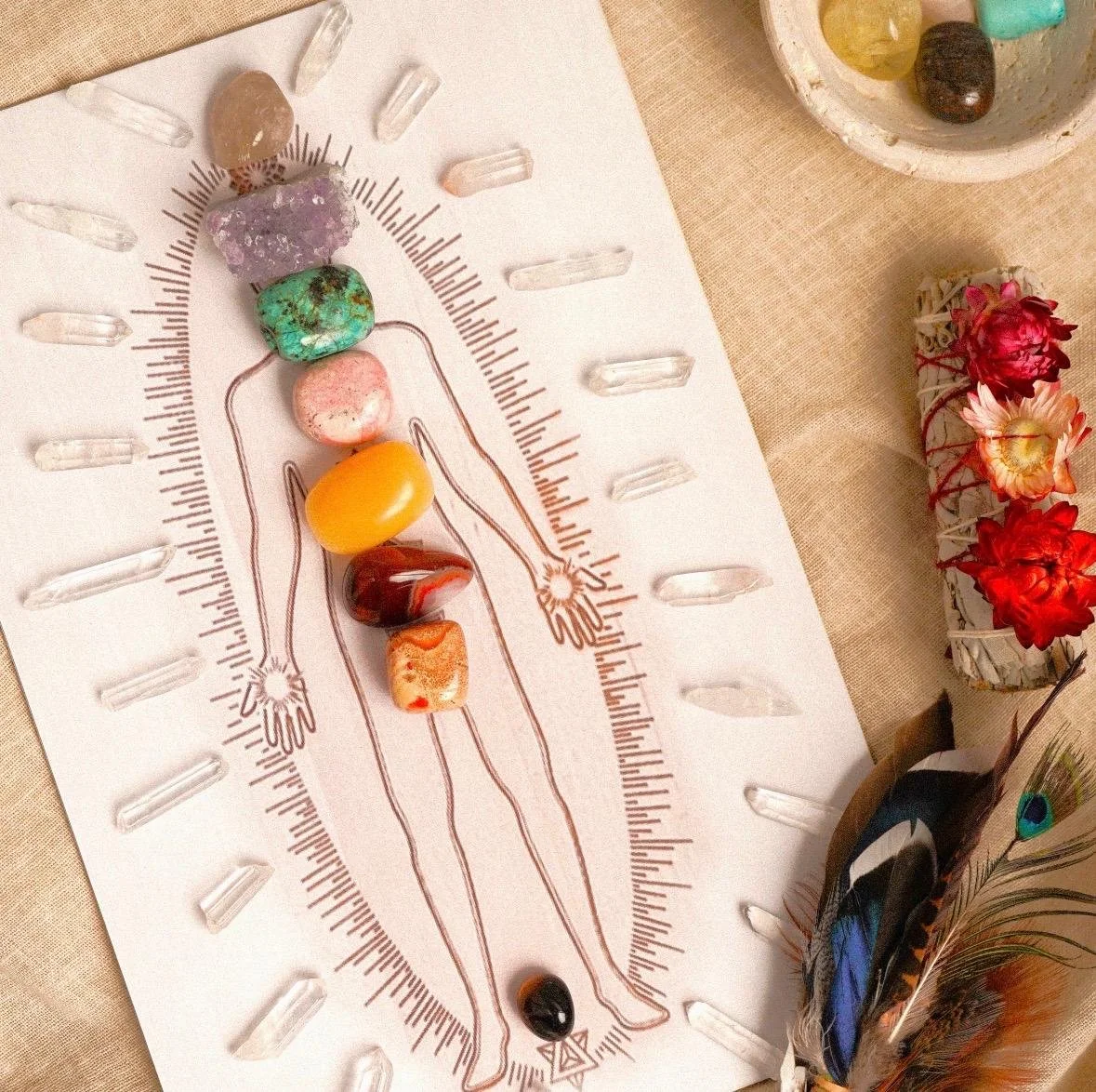 Crystal healing layout with colorful polished stones placed on a human body chart, surrounded by clear quartz points, flowers, and feathers.