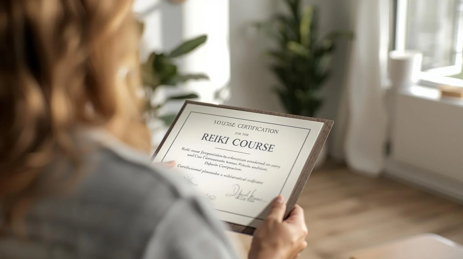 Person holding a certificate for a Reiki course in a well-lit room with plants and large windows.