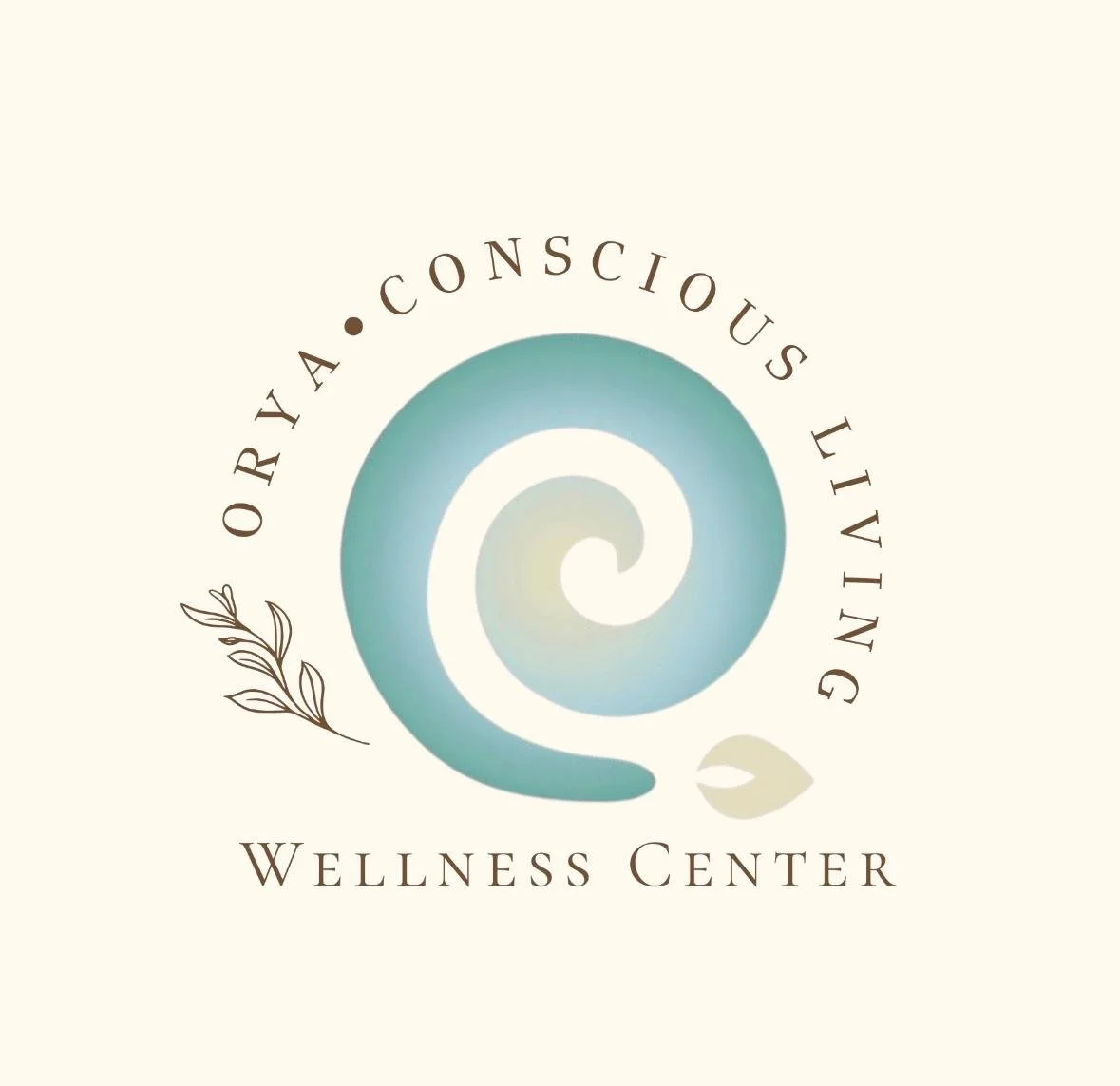 Conscious Living Wellness Center logo with a teal spiral, gold leaf symbol, and botanical branch