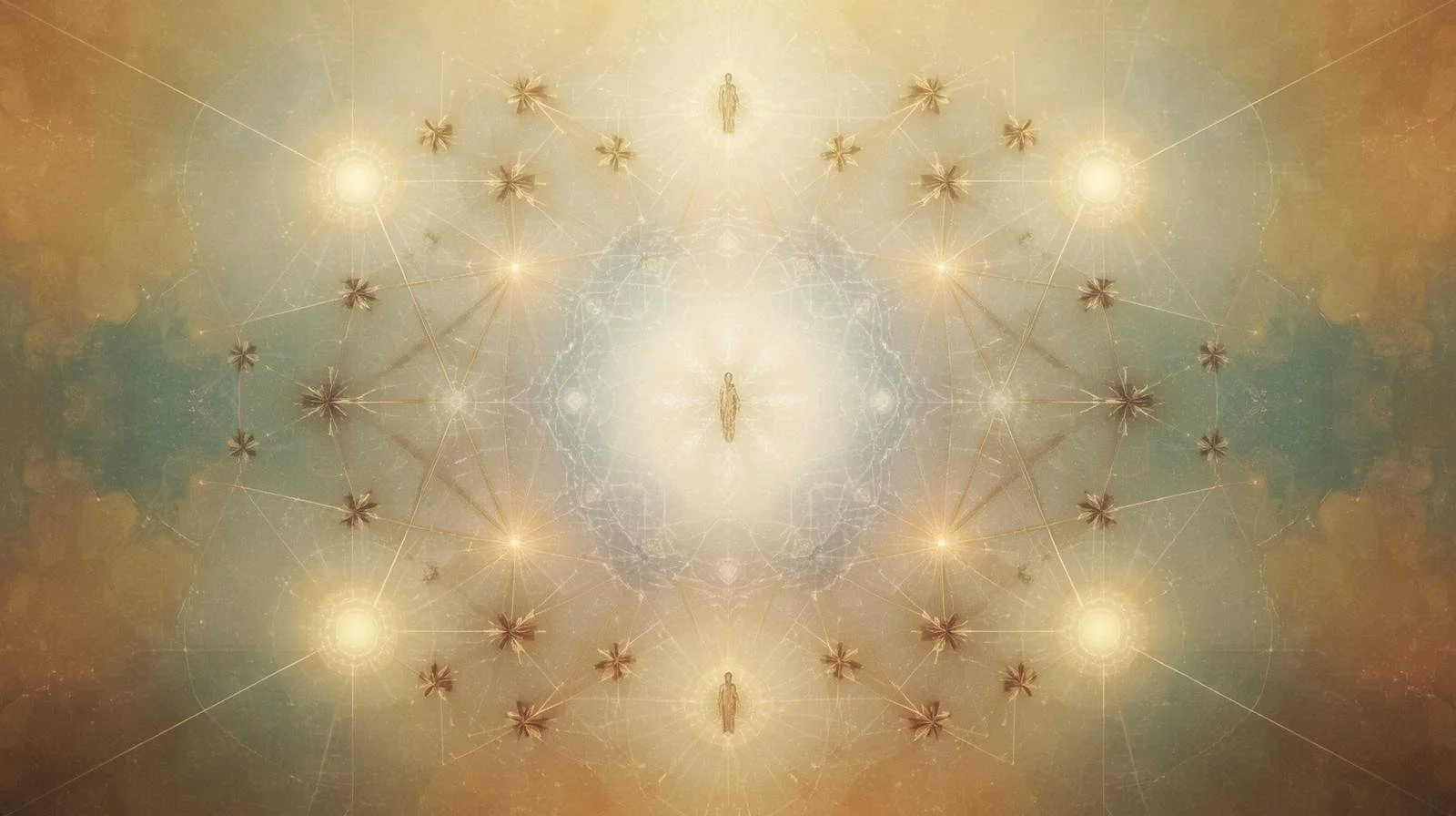 A symmetrical abstract artwork featuring human figures surrounded by glowing orbs, star-like shapes, and web-like patterns in shades of gold, beige, and light green.