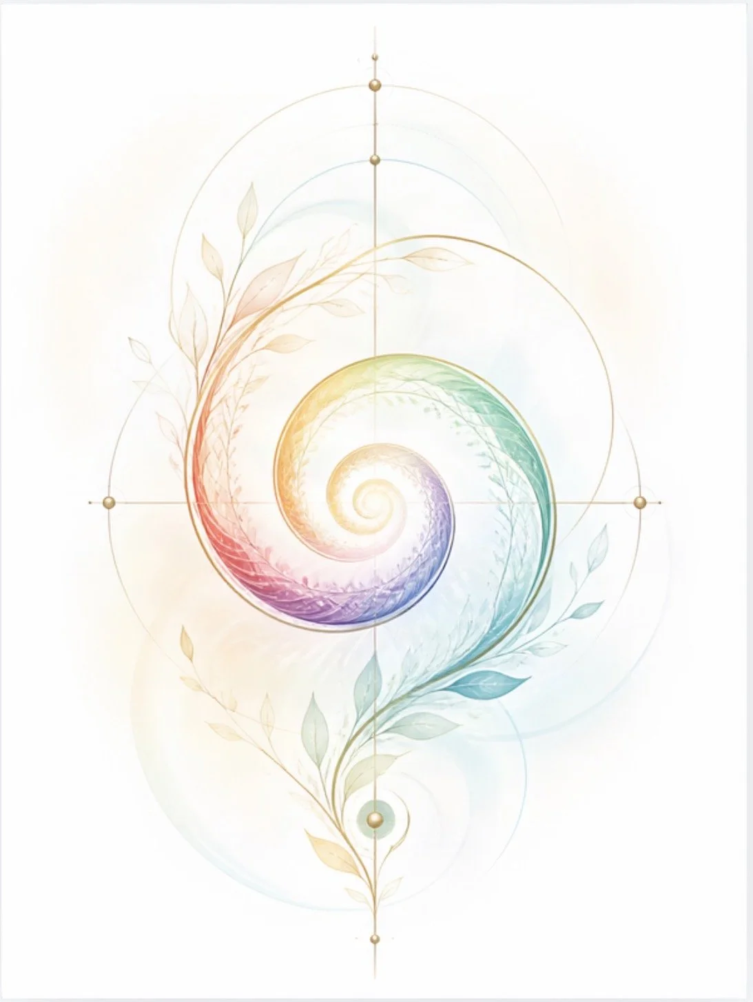 Delicate watercolor illustration of a colorful spiral seashell surrounded by botanical leaves and geometric golden circles