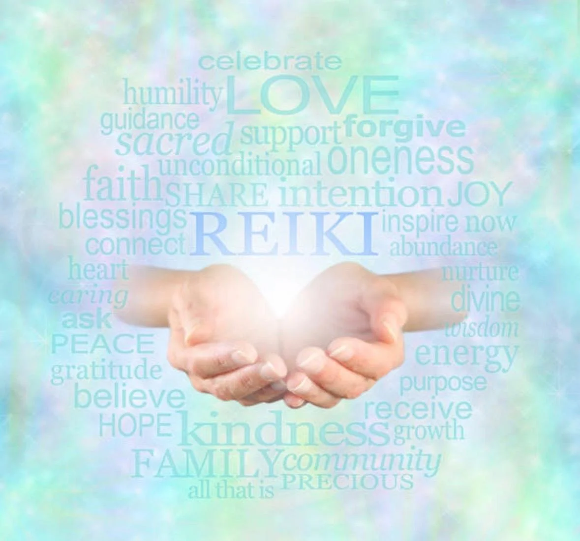 Open hands surrounded by pastel turquoise and pink inspirational words, including Reiki, love, kindness, peace, family, and hope