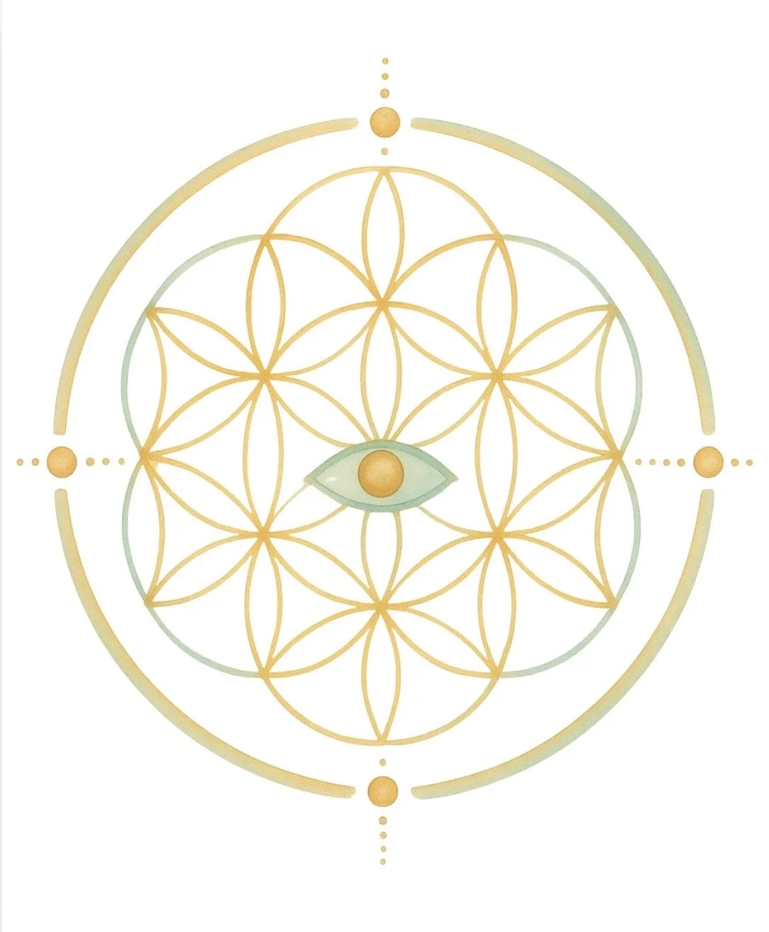 Sacred geometry flower of life design with a green eye symbol and gold circular accents