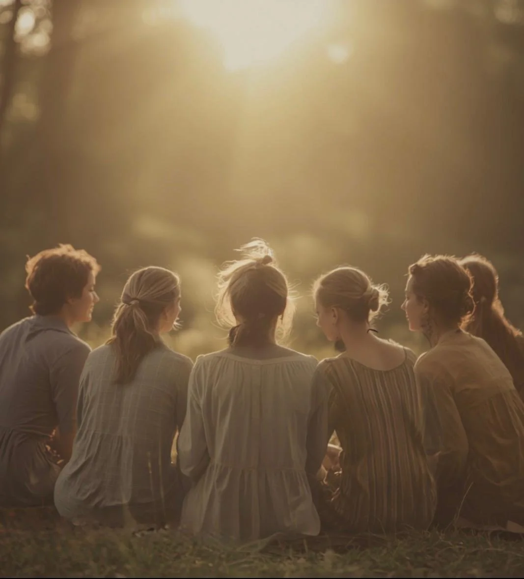 Six friends sitting together outdoors in warm golden sunlight