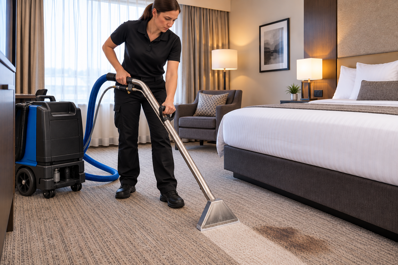 A technician cleaning a carpet in a hotel room using a professional carpet cleaning machine.