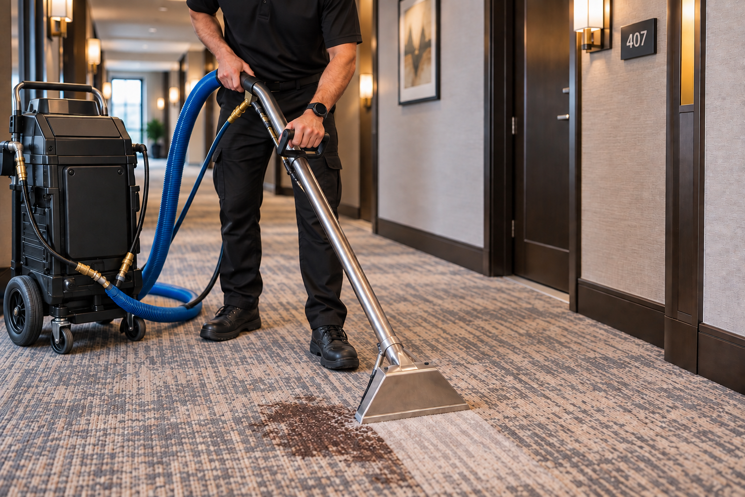 A person cleaning a carpet stain with a professional carpet cleaning machine in a hotel hallway.