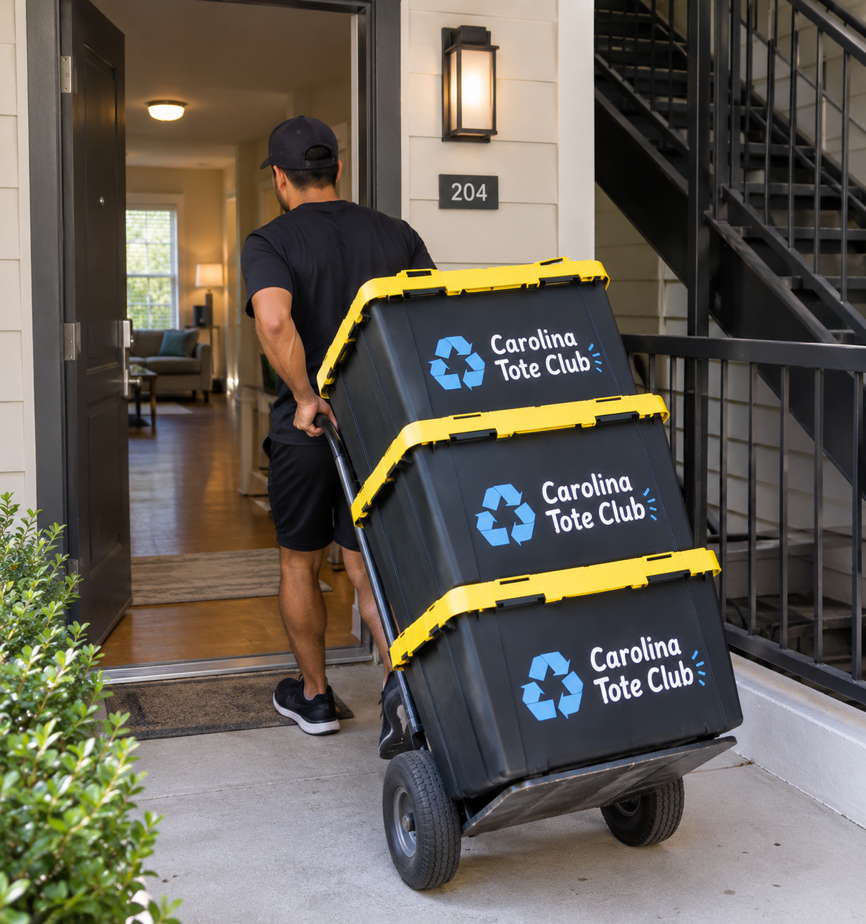 A man carrying three Carolina Tote Club bins into an apartment building that is numbered 204.