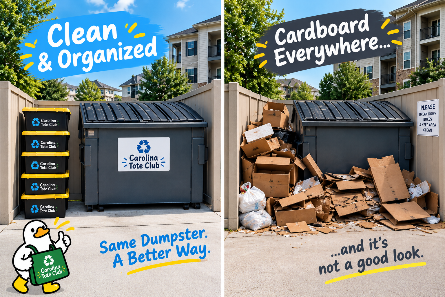 Side-by-side comparison of two trash dumpsters. The left side shows a clean, well-organized dumpster with a blue sign that reads 'Carolina Tote Club'. The right side shows a messy, overflowing dumpster filled with cardboard boxes and trash.