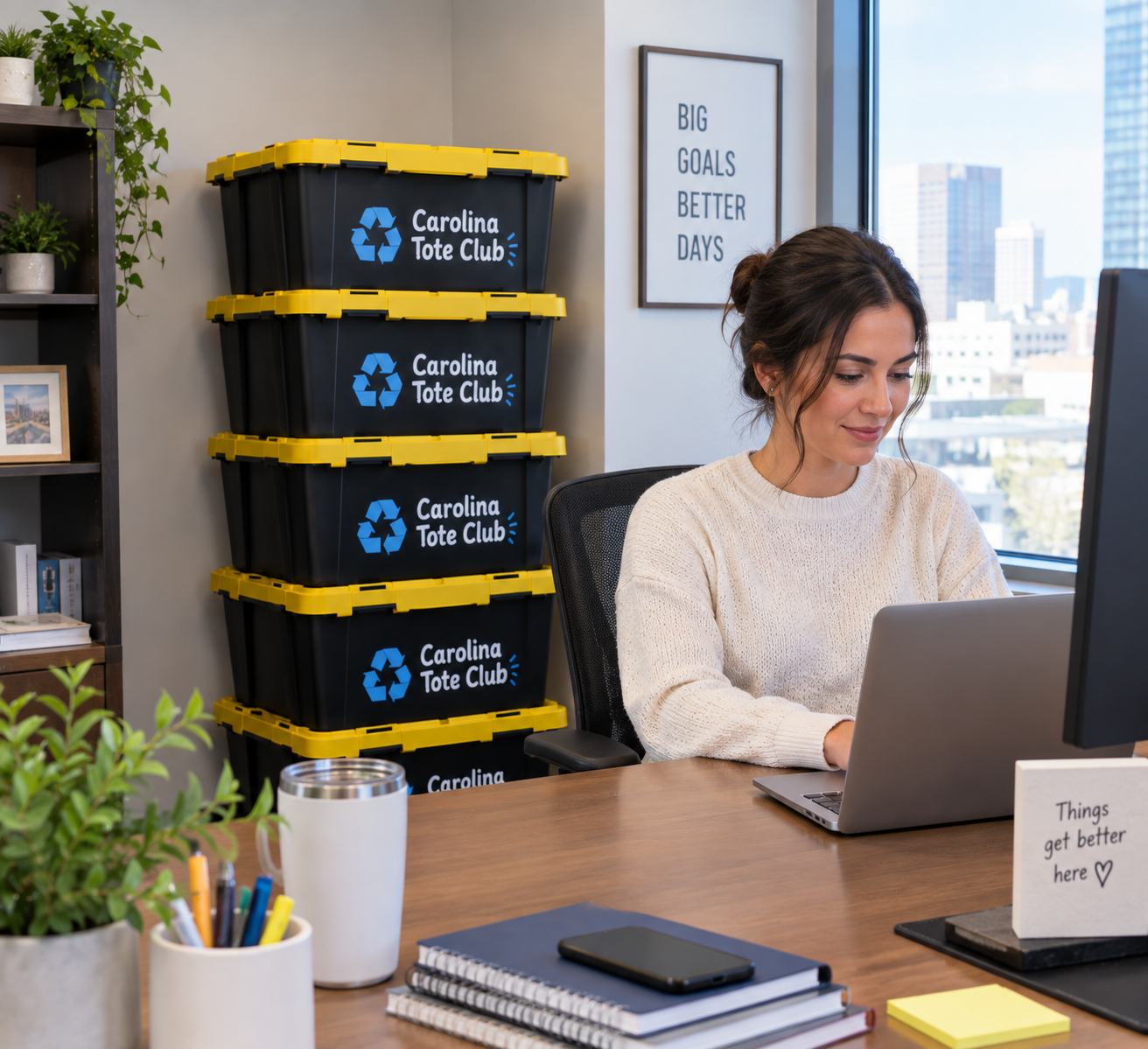 A woman working on a laptop at her desk with a stack of five Carolina Tote Club bins stacked against the wall behind her.