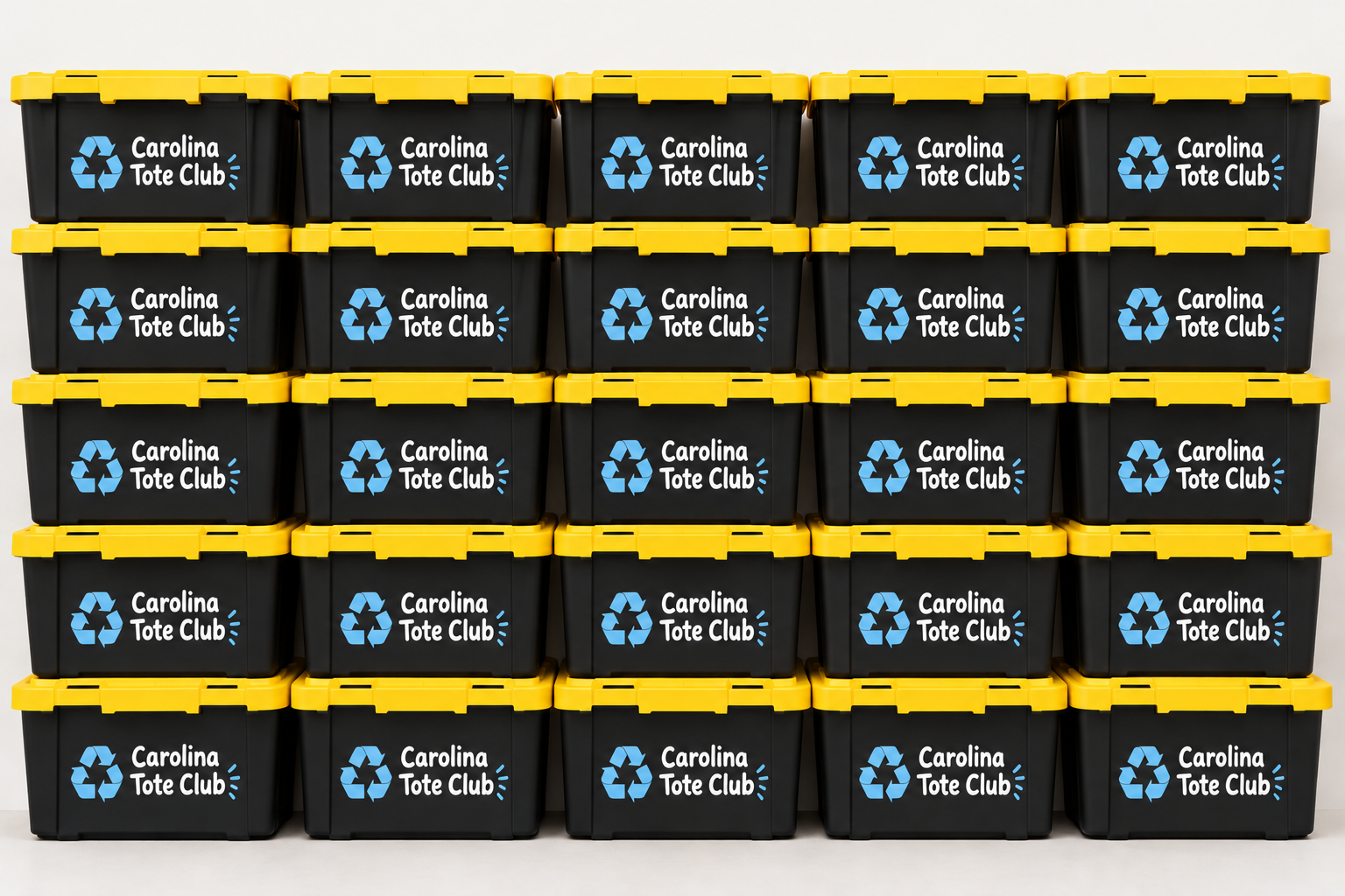 Stacked Carolina Tote Club bins with yellow lids. Sturdy and sanitized.