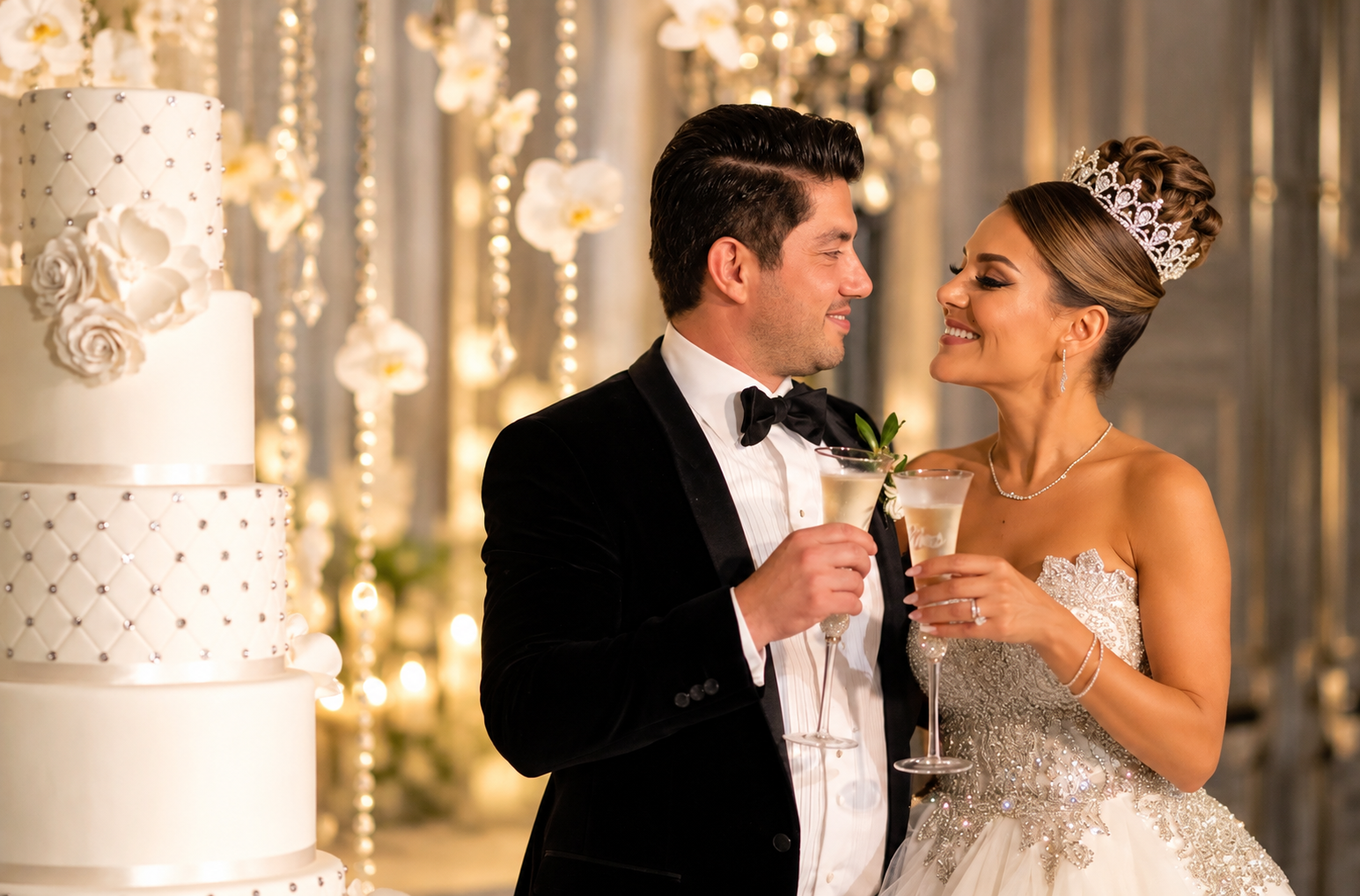 Romantic Champagne Toast by the Wedding Cake.png