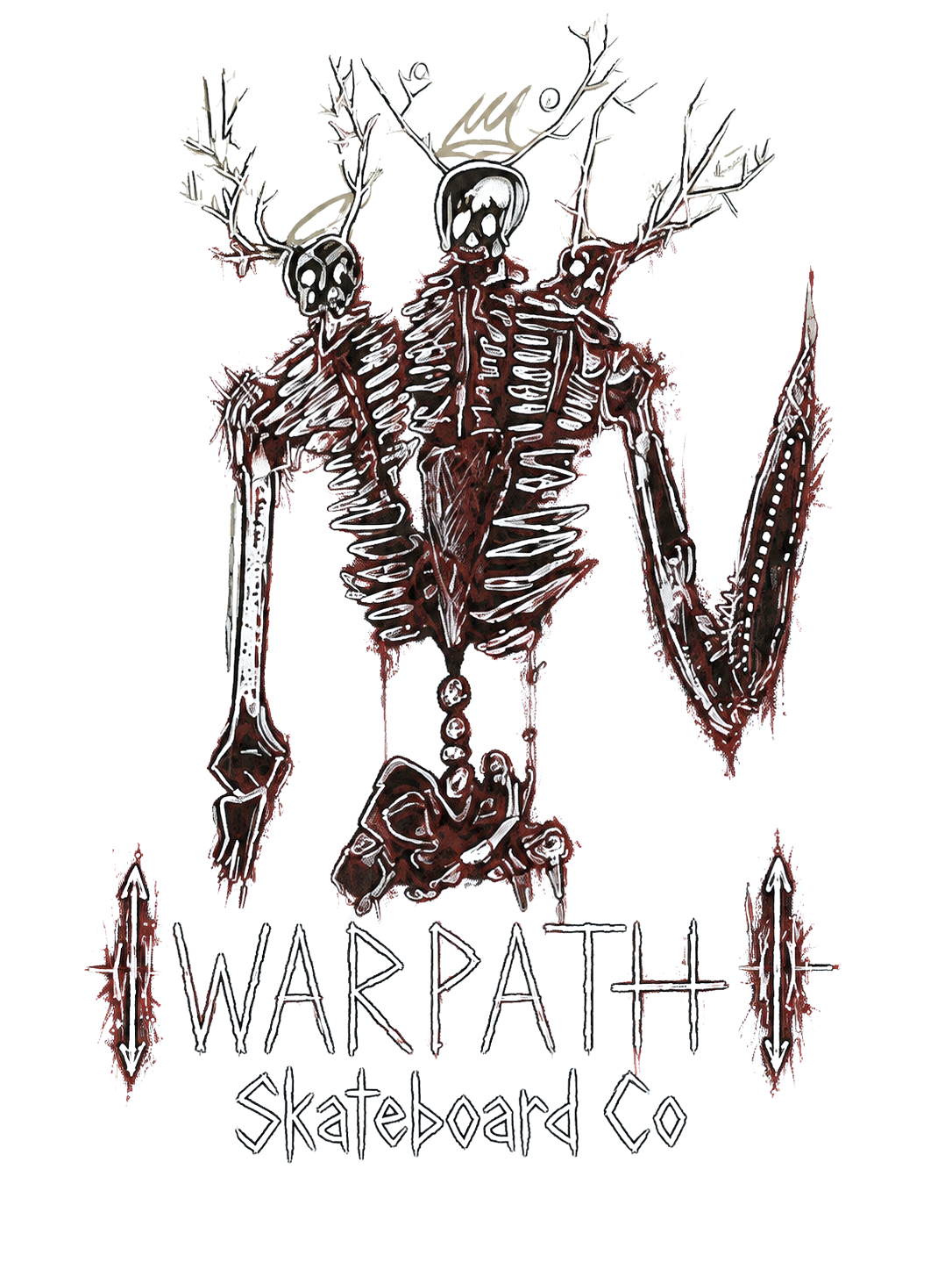 A dark, skeletal skeleton with antlers and skulls, holding a sword, with the text 'WARPATH Skateboard Co' below and ornate arrow-like designs on either side.