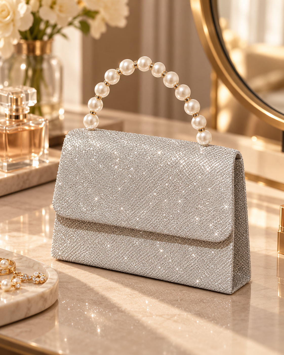 A glittery silver clutch purse with a pearl handle on a marble surface, surrounded by perfume bottles, jewelry, and a mirror in a luxurious setting.