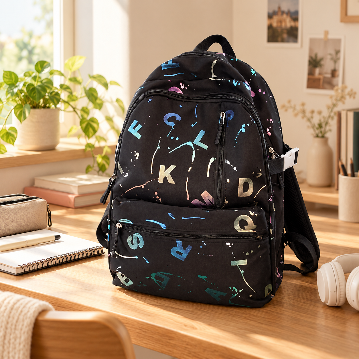 Black backpack with colorful alphabetical letter and paint splatter design on wooden desk in a bright room with houseplants, notebooks, headphones, and other stationery items